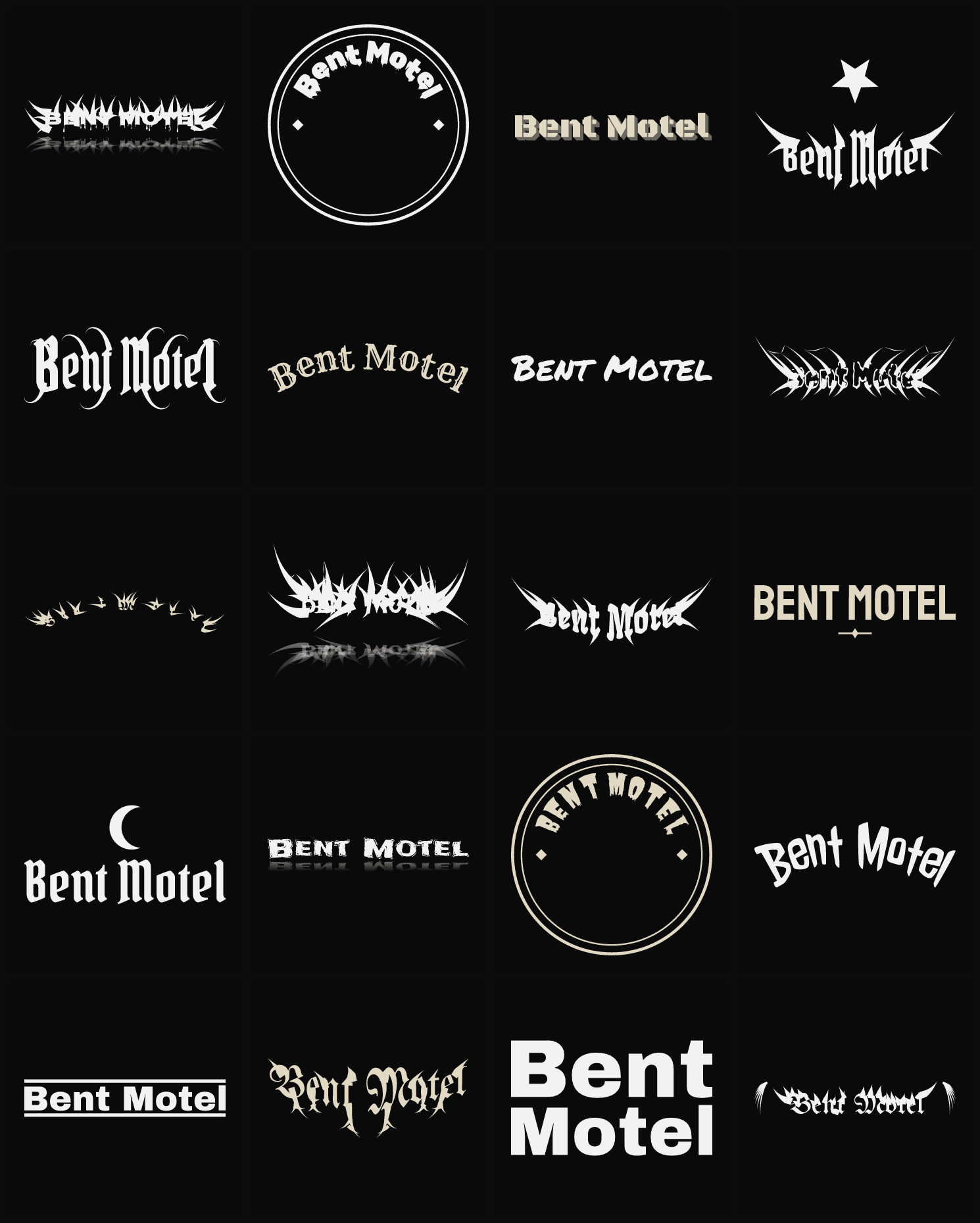 Twenty Bent Motel band logo ideas — different faces, treatments and spike settings