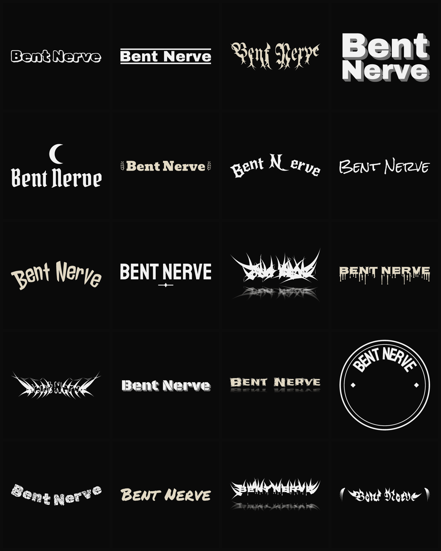 Twenty Bent Nerve band logo ideas — different faces, treatments and spike settings