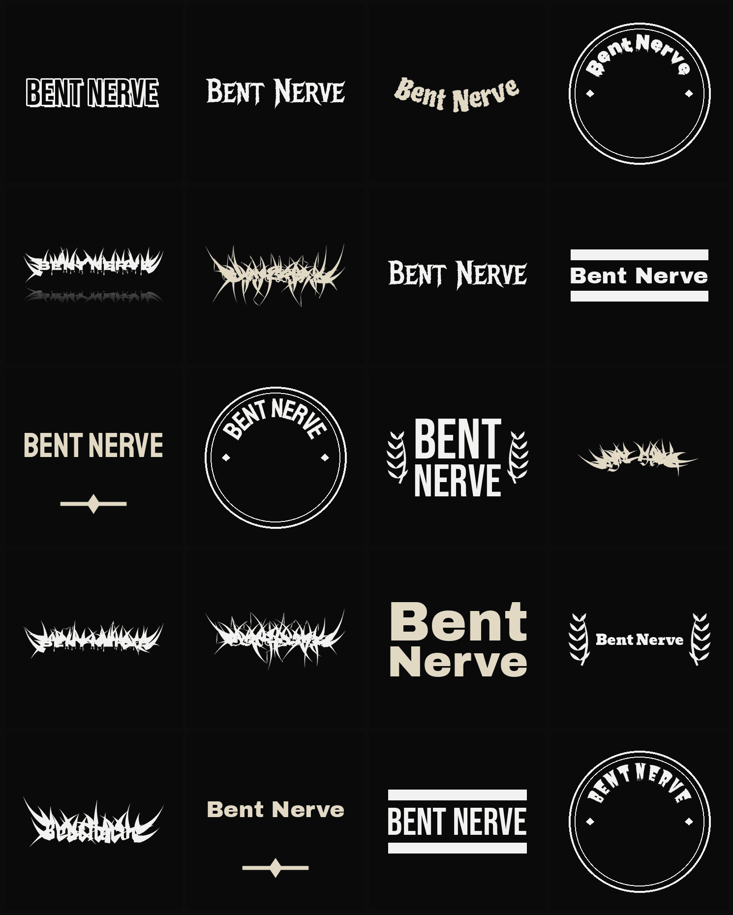 Twenty Bent Nerve band logo ideas — different faces, treatments and spike settings