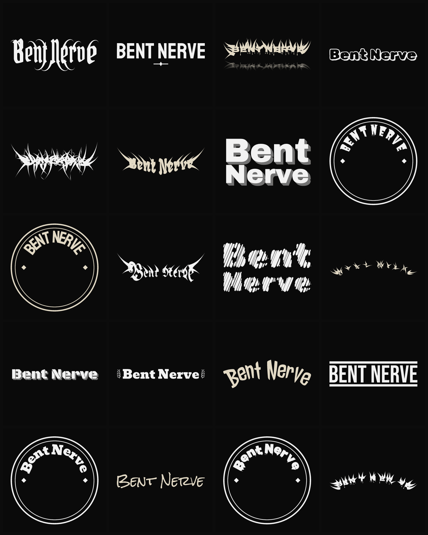 Twenty Bent Nerve band logo ideas — different faces, treatments and spike settings