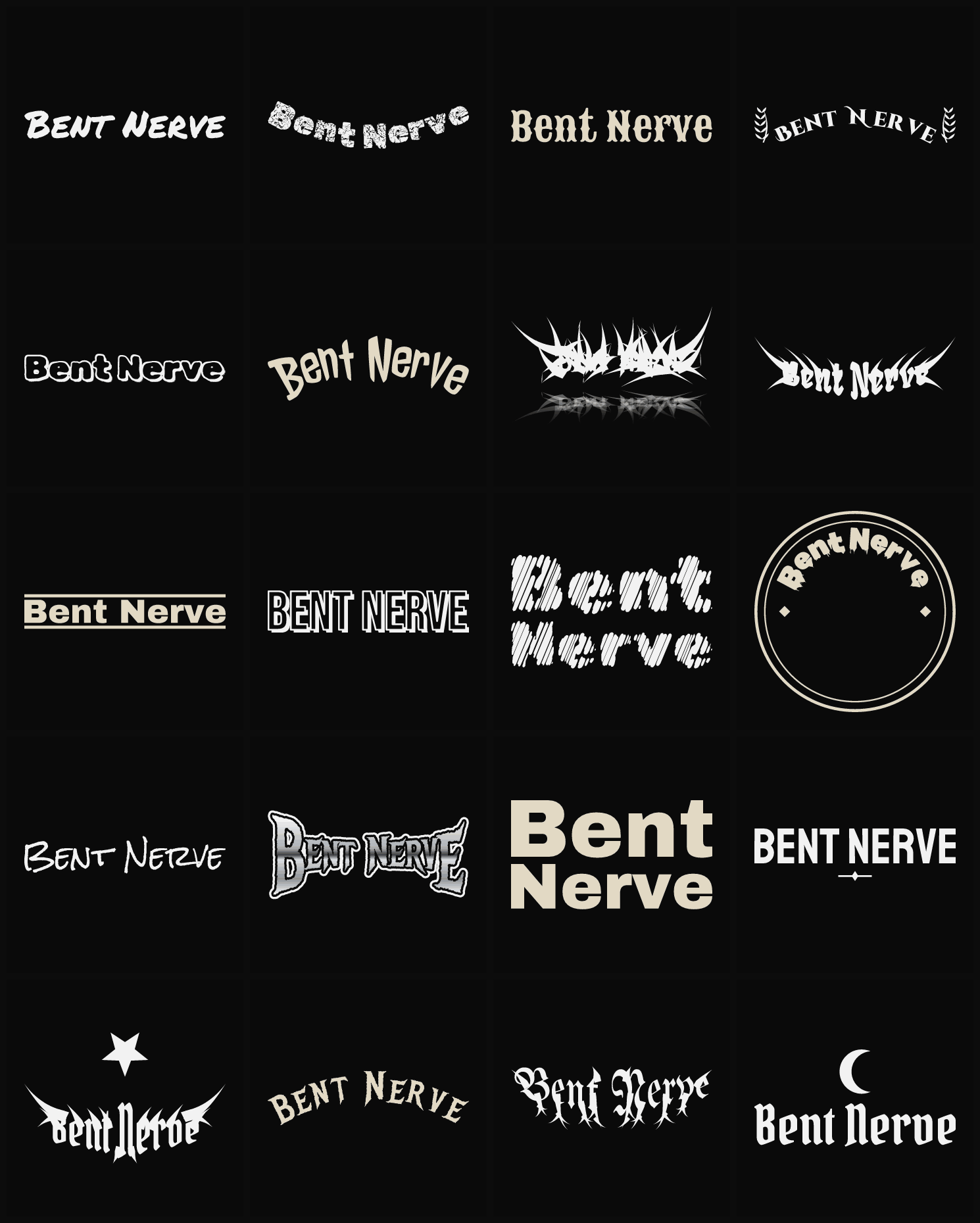 Twenty Bent Nerve band logo ideas — different faces, treatments and spike settings