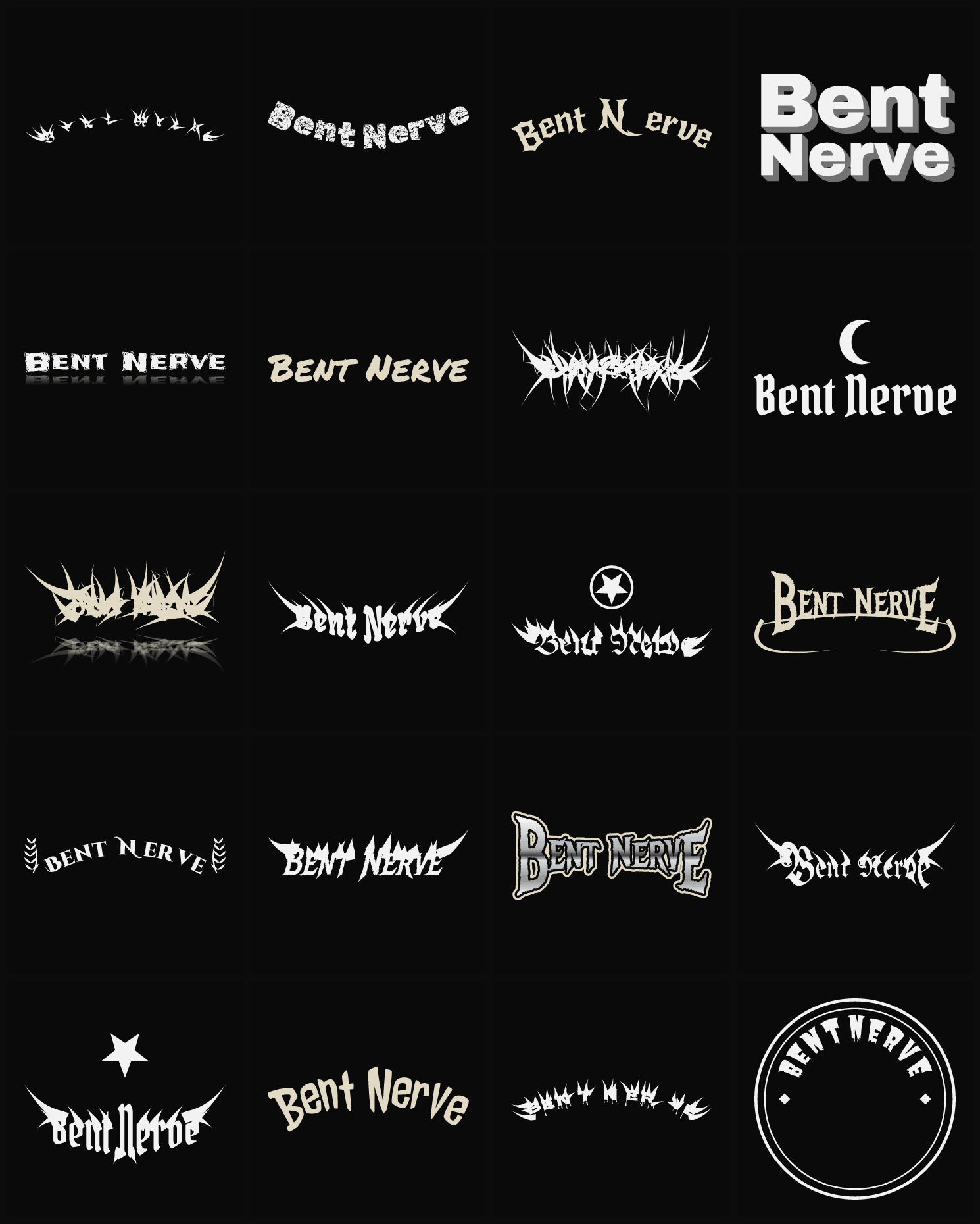 Twenty Bent Nerve band logo ideas — different faces, treatments and spike settings