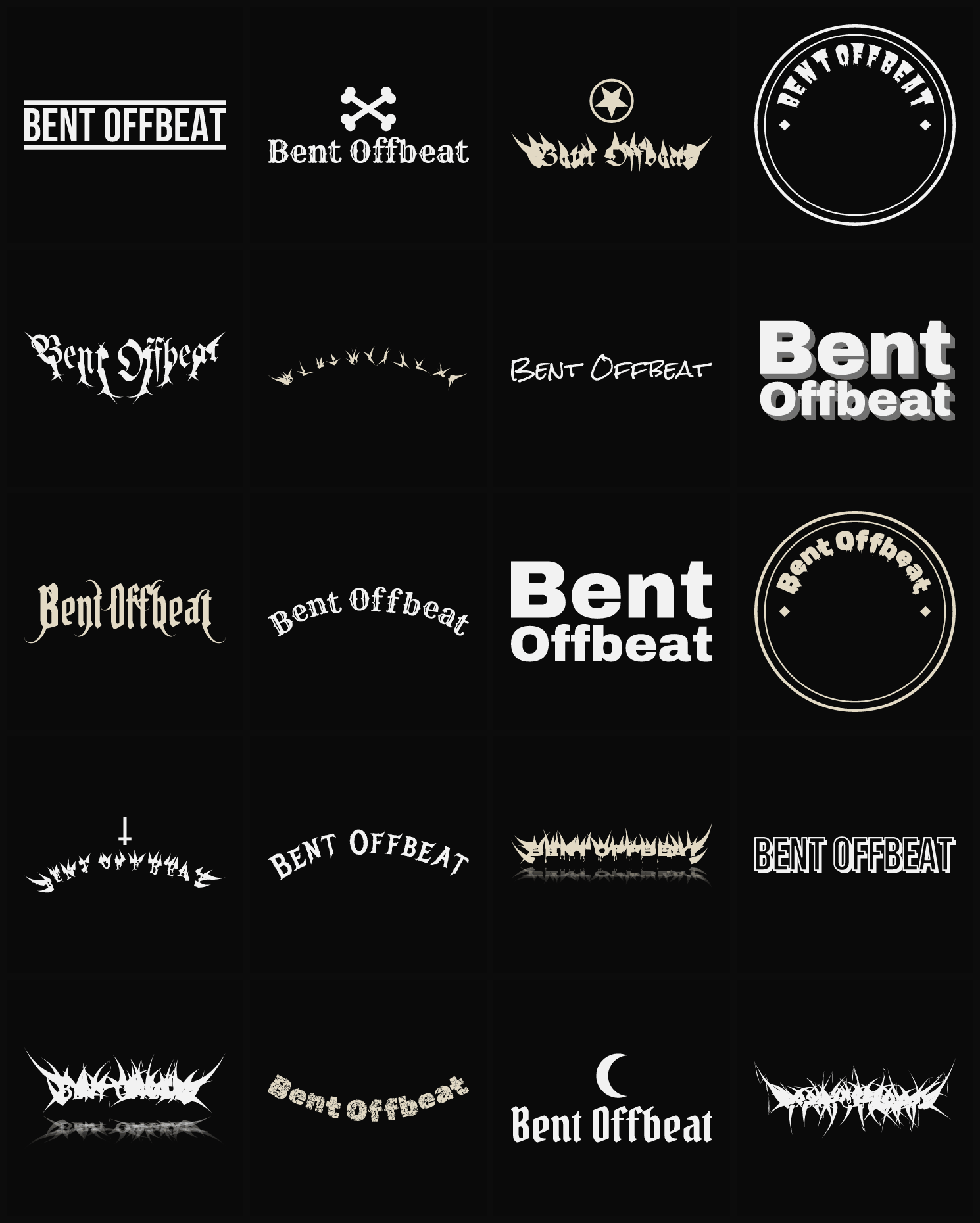 Twenty Bent Offbeat band logo ideas — different faces, treatments and spike settings