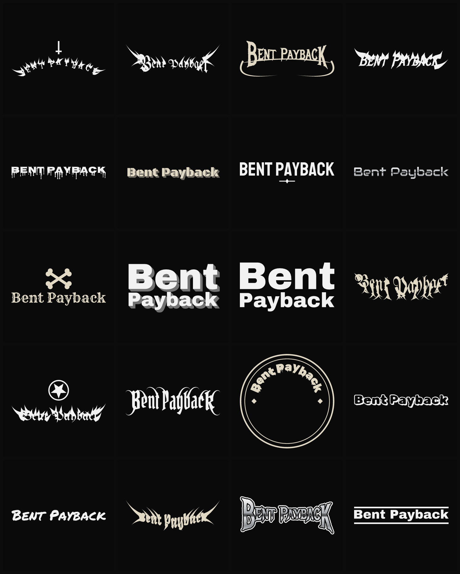 Twenty Bent Payback band logo ideas — different faces, treatments and spike settings