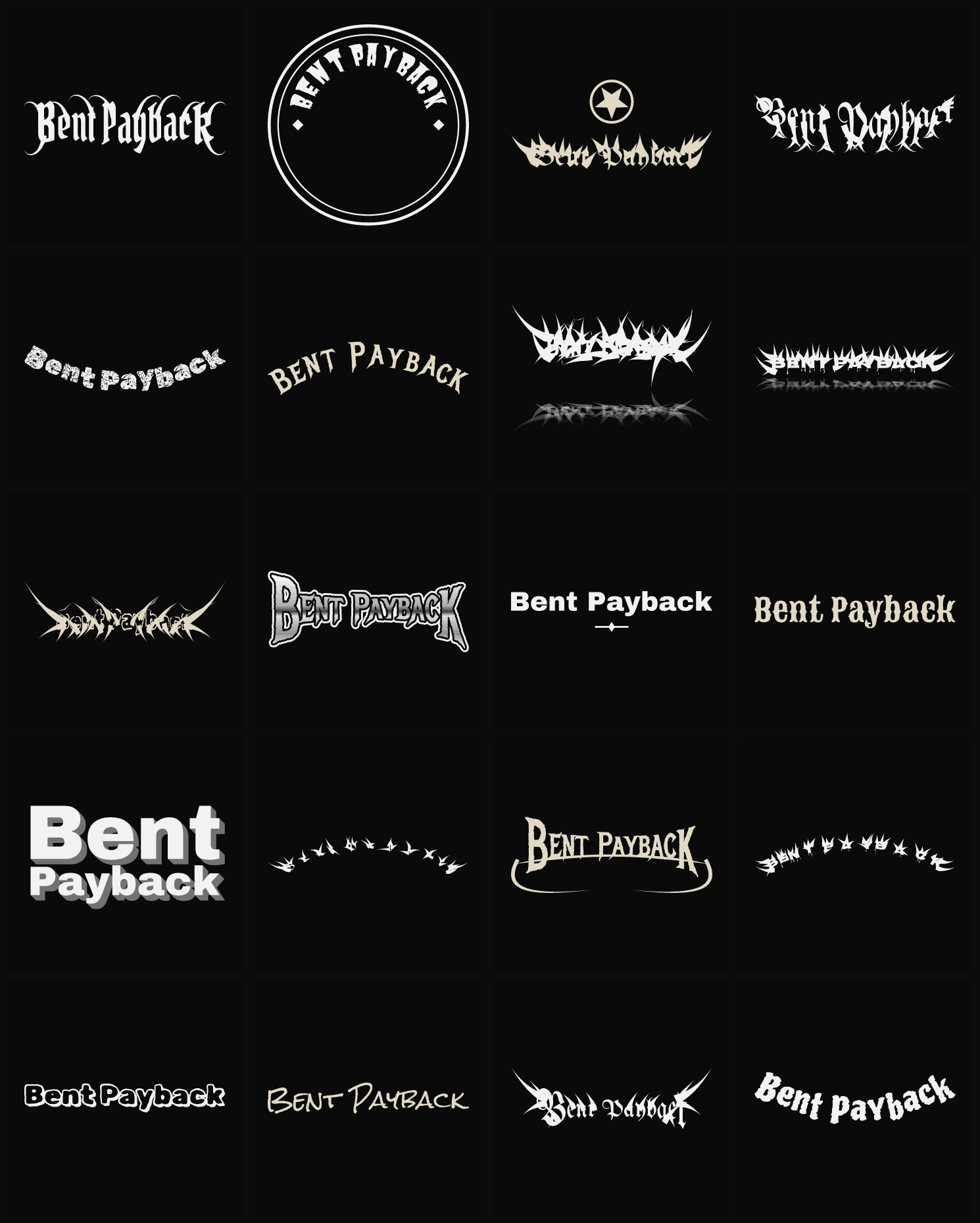 Twenty Bent Payback band logo ideas — different faces, treatments and spike settings