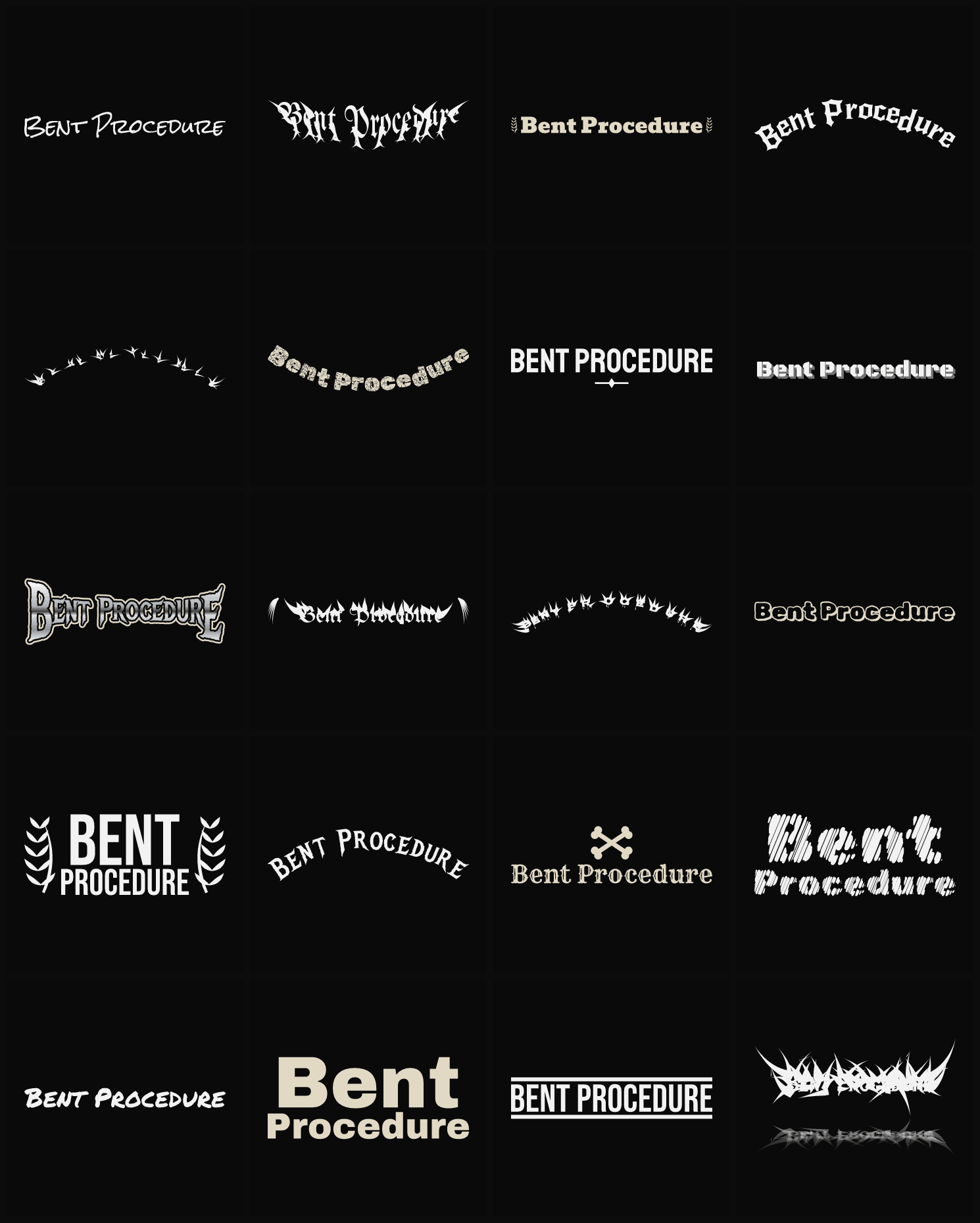 Twenty Bent Procedure band logo ideas — different faces, treatments and spike settings