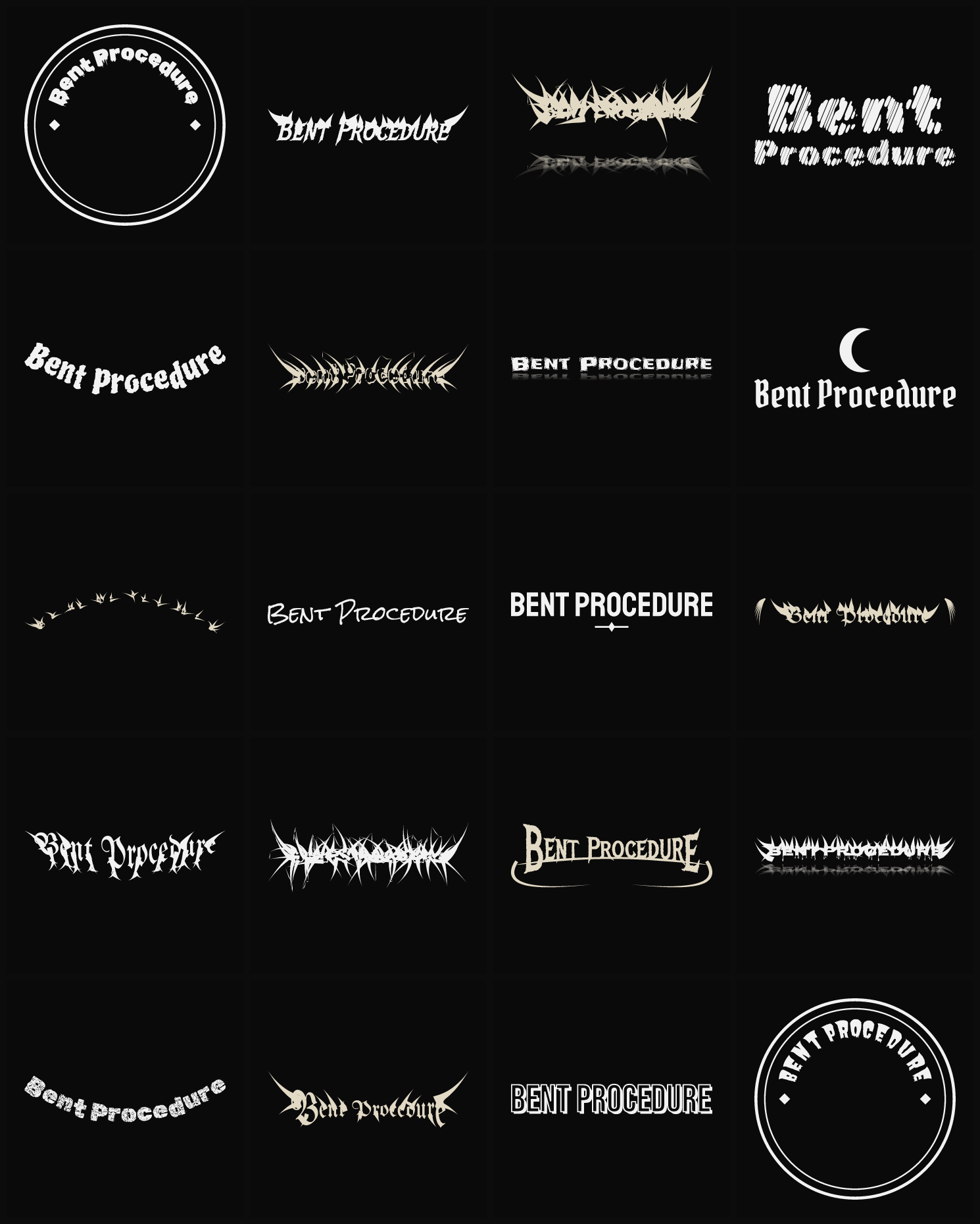 Twenty Bent Procedure band logo ideas — different faces, treatments and spike settings