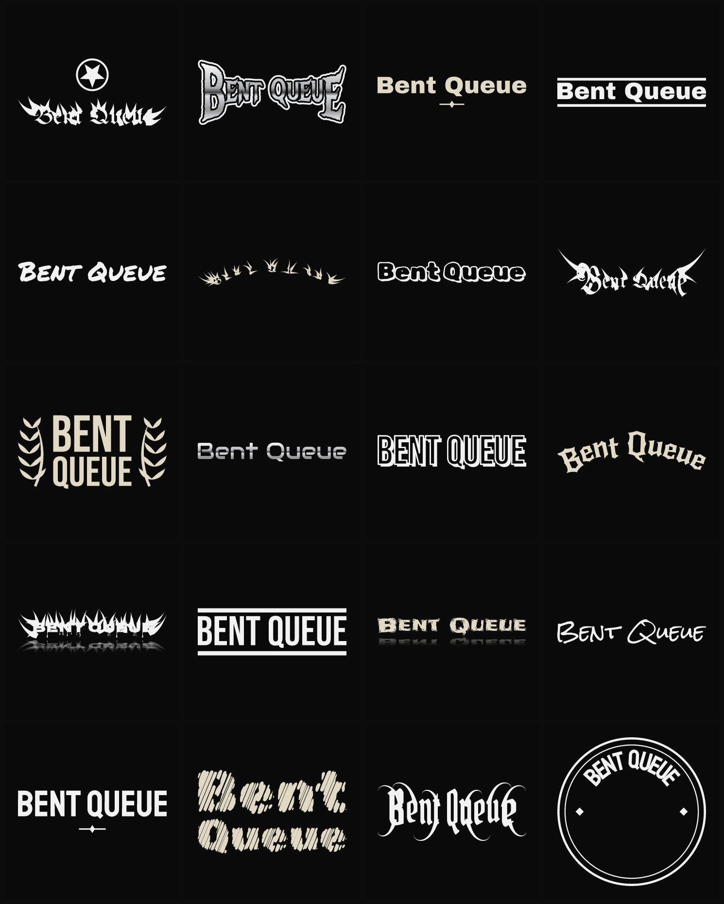 Twenty Bent Queue band logo ideas — different faces, treatments and spike settings