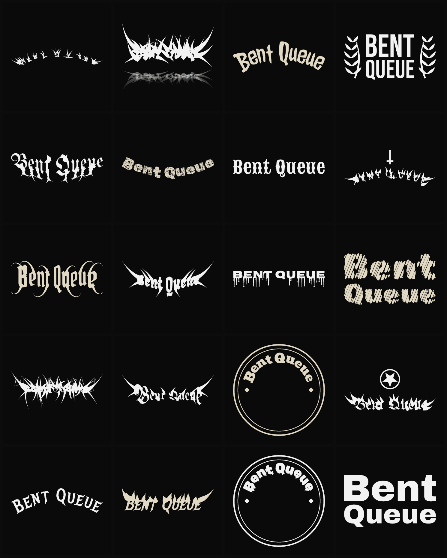Twenty Bent Queue band logo ideas — different faces, treatments and spike settings