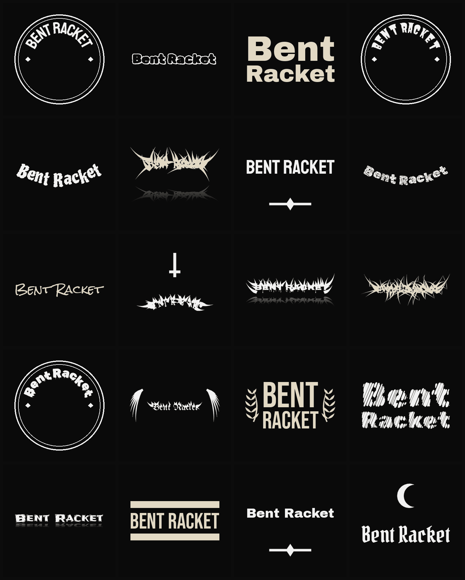 Twenty Bent Racket band logo ideas — different faces, treatments and spike settings