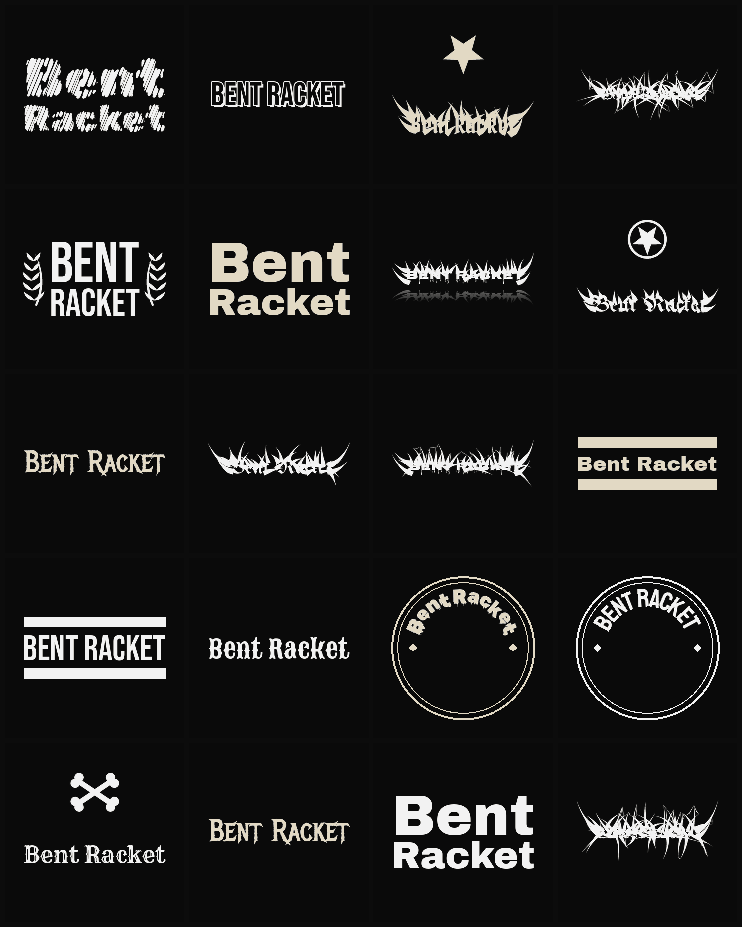 Twenty Bent Racket band logo ideas — different faces, treatments and spike settings