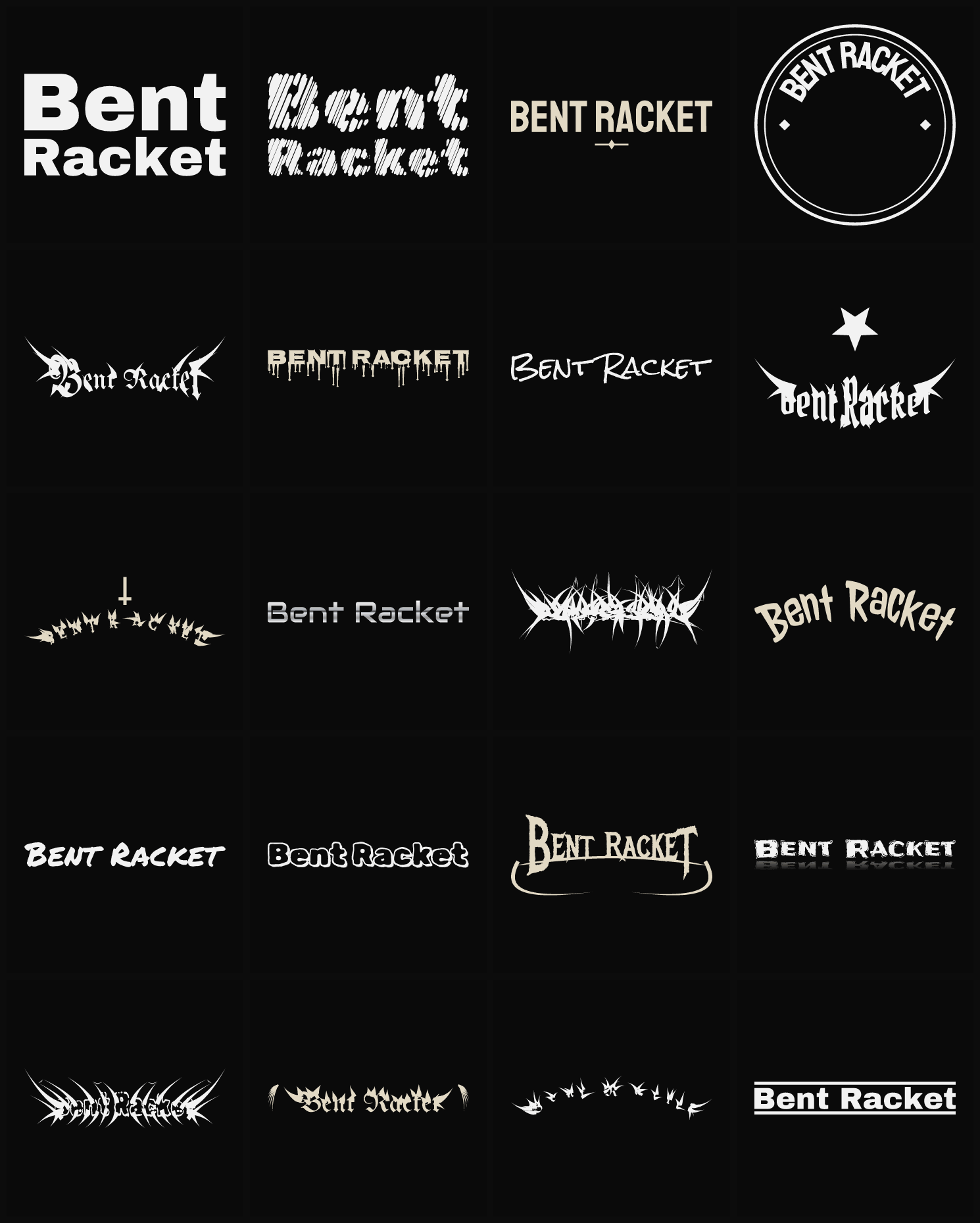 Twenty Bent Racket band logo ideas — different faces, treatments and spike settings