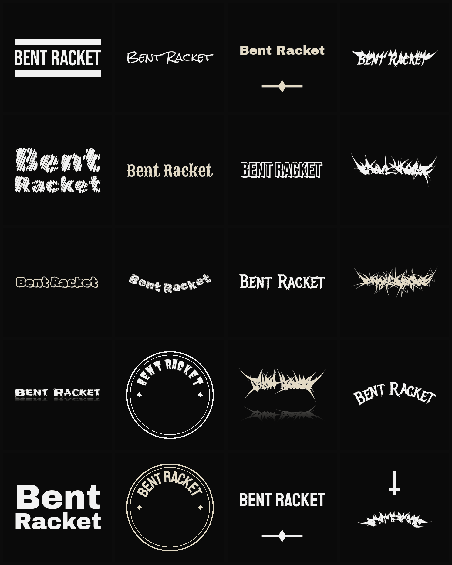 Twenty Bent Racket band logo ideas — different faces, treatments and spike settings