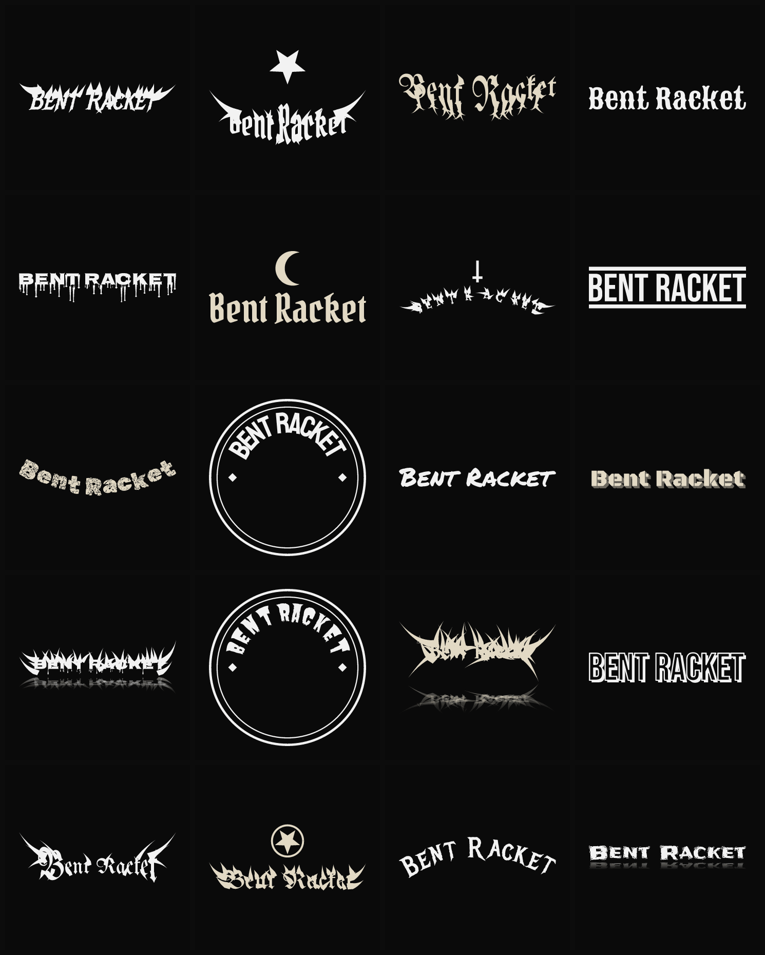 Twenty Bent Racket band logo ideas — different faces, treatments and spike settings