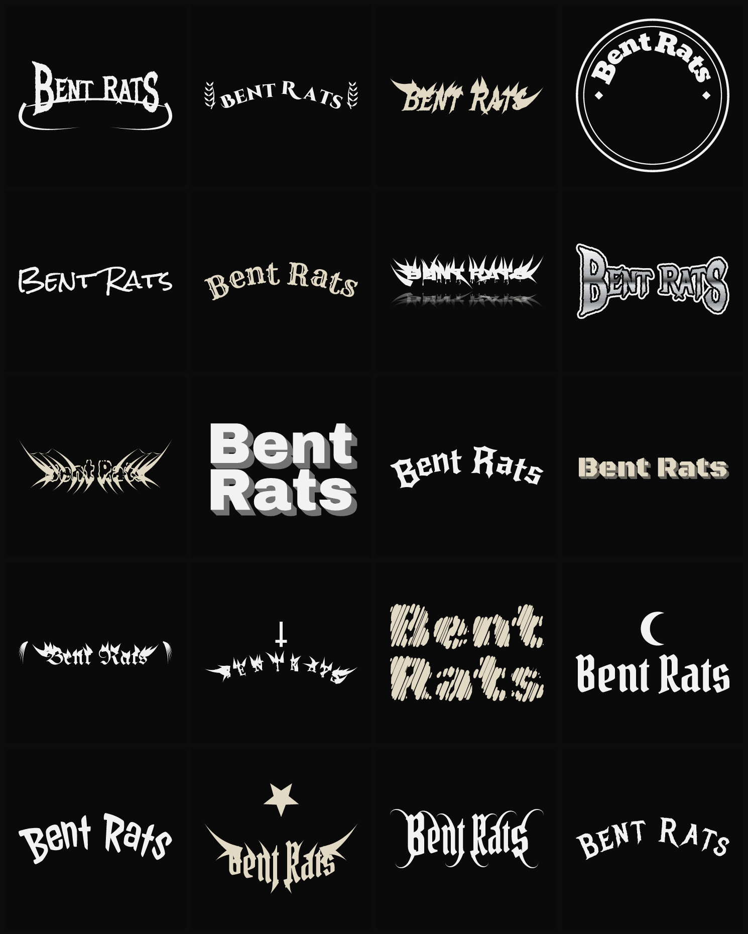 Twenty Bent Rats band logo ideas — different faces, treatments and spike settings