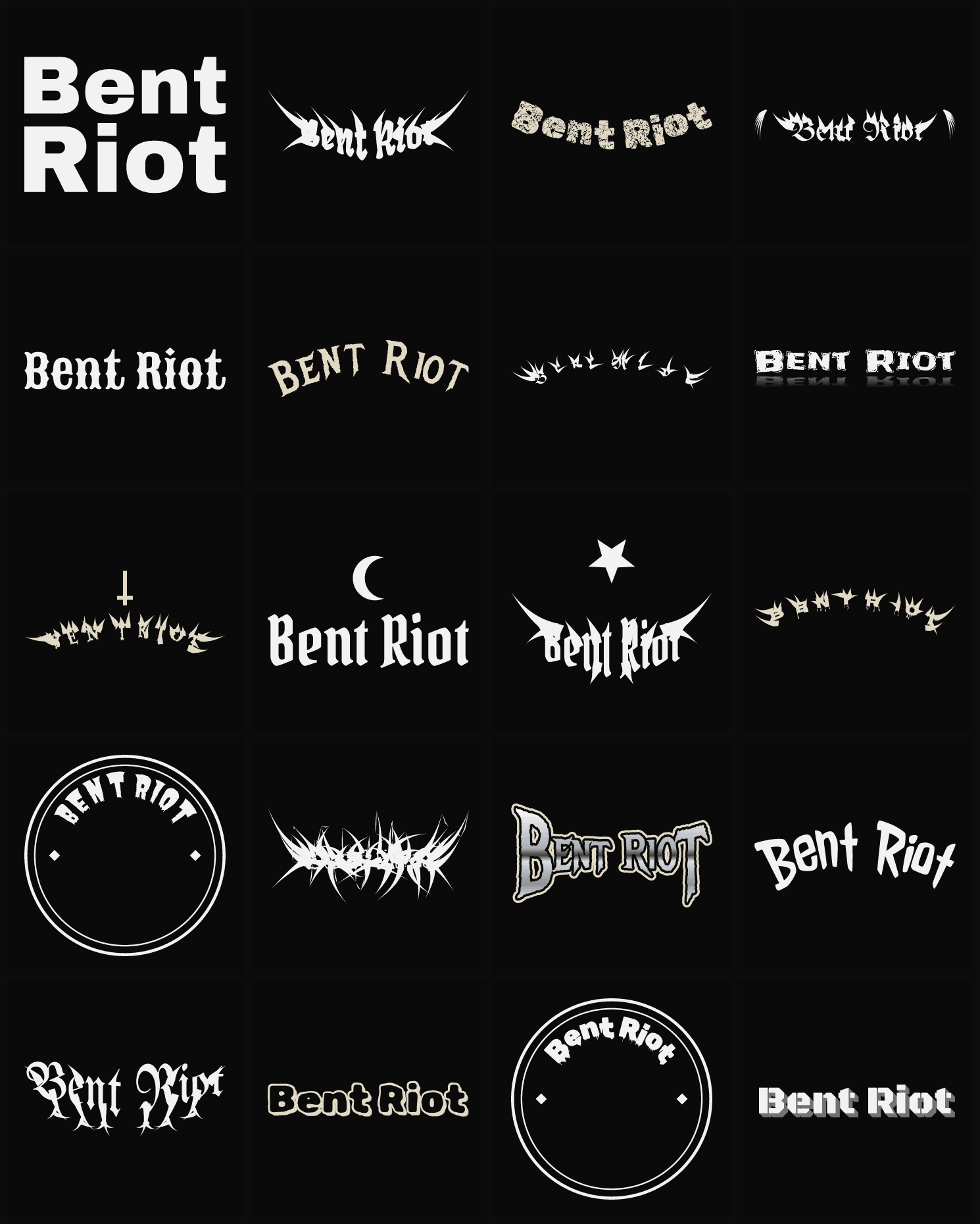 Twenty Bent Riot band logo ideas — different faces, treatments and spike settings