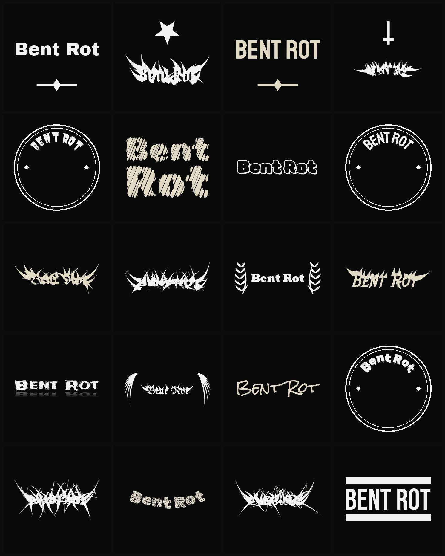 Twenty Bent Rot band logo ideas — different faces, treatments and spike settings