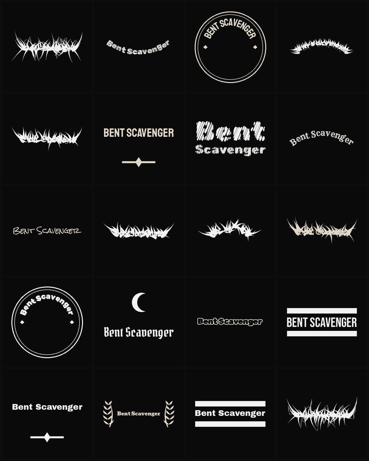 Twenty Bent Scavenger band logo ideas — different faces, treatments and spike settings