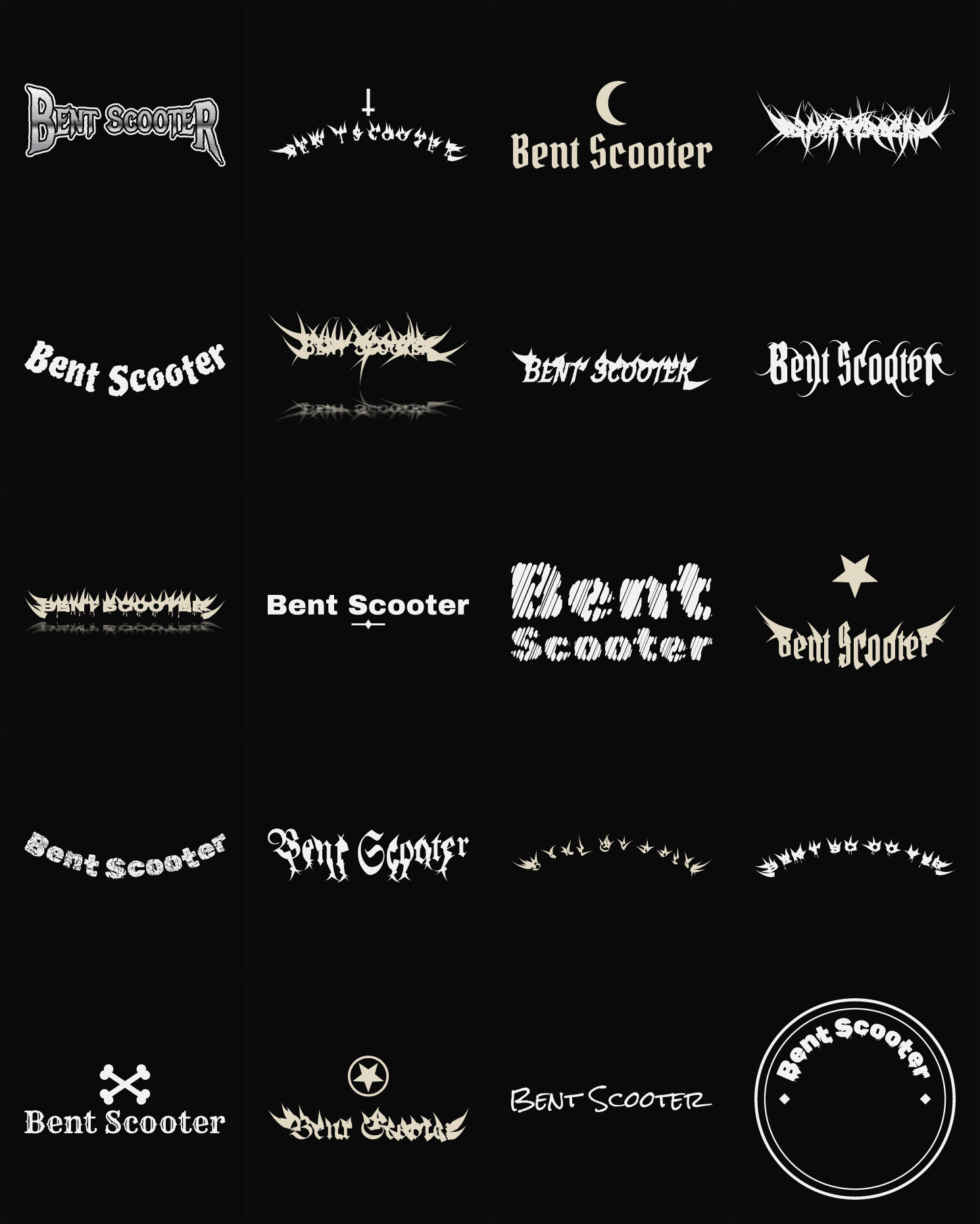 Twenty Bent Scooter band logo ideas — different faces, treatments and spike settings