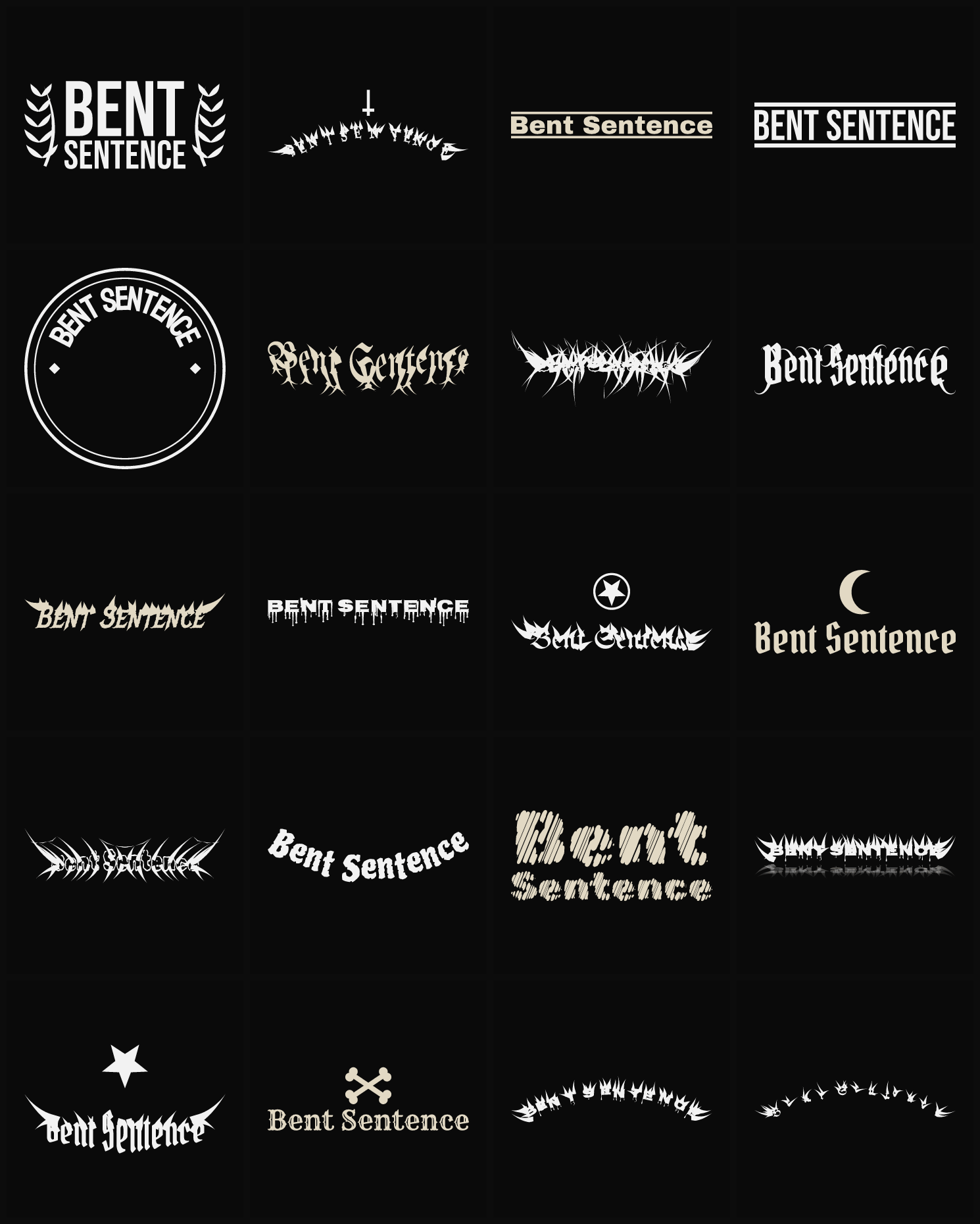 Twenty Bent Sentence band logo ideas — different faces, treatments and spike settings