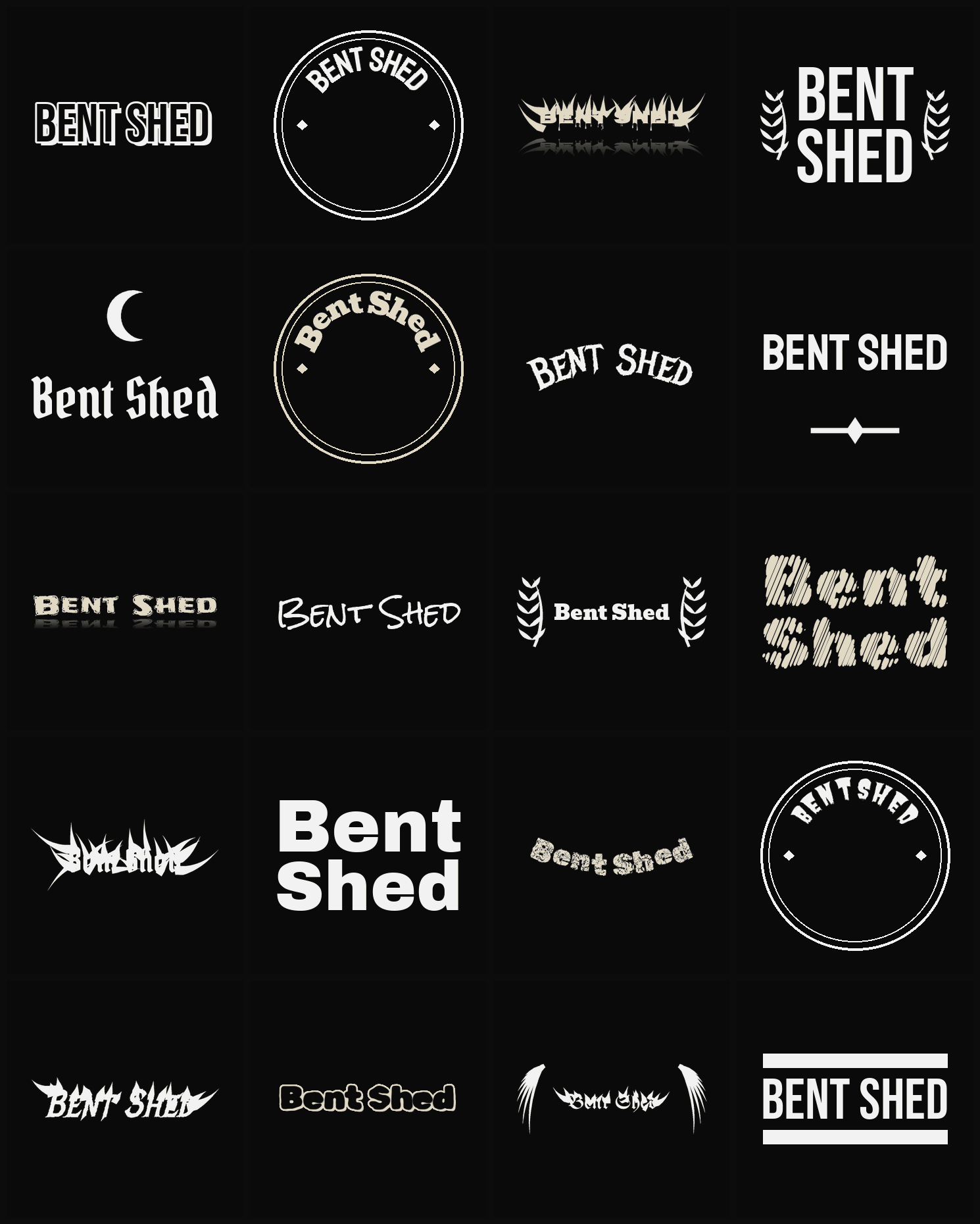 Twenty Bent Shed band logo ideas — different faces, treatments and spike settings