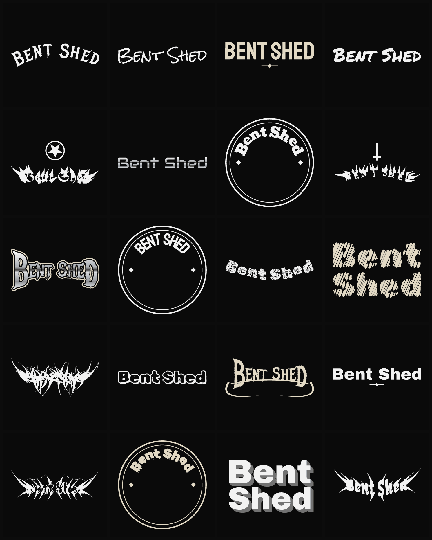 Twenty Bent Shed band logo ideas — different faces, treatments and spike settings