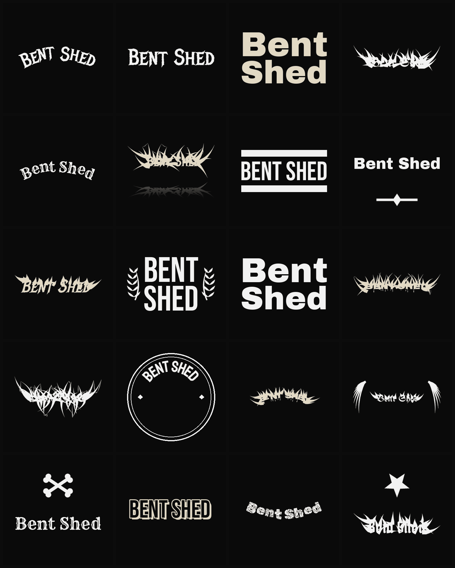 Twenty Bent Shed band logo ideas — different faces, treatments and spike settings