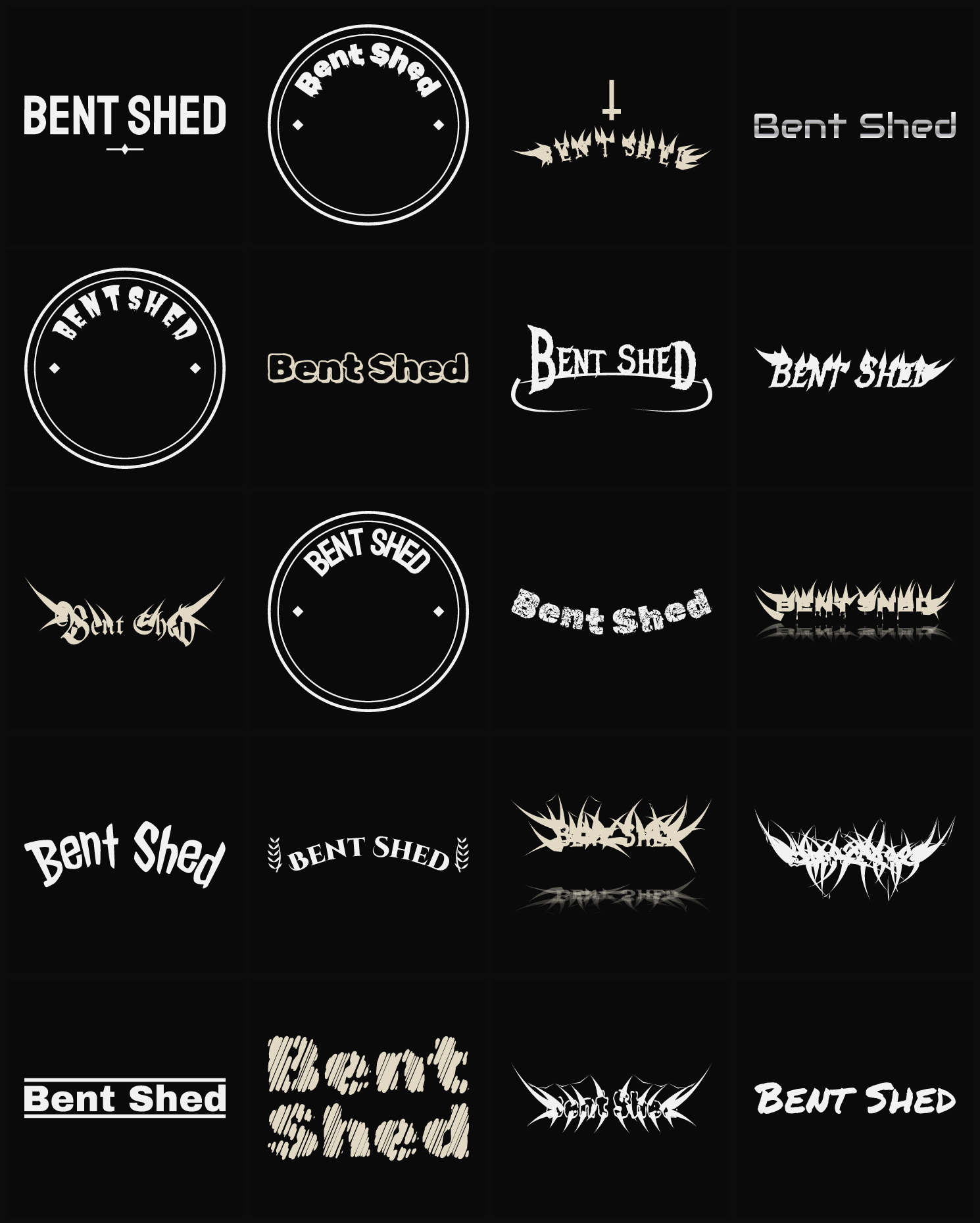 Twenty Bent Shed band logo ideas — different faces, treatments and spike settings