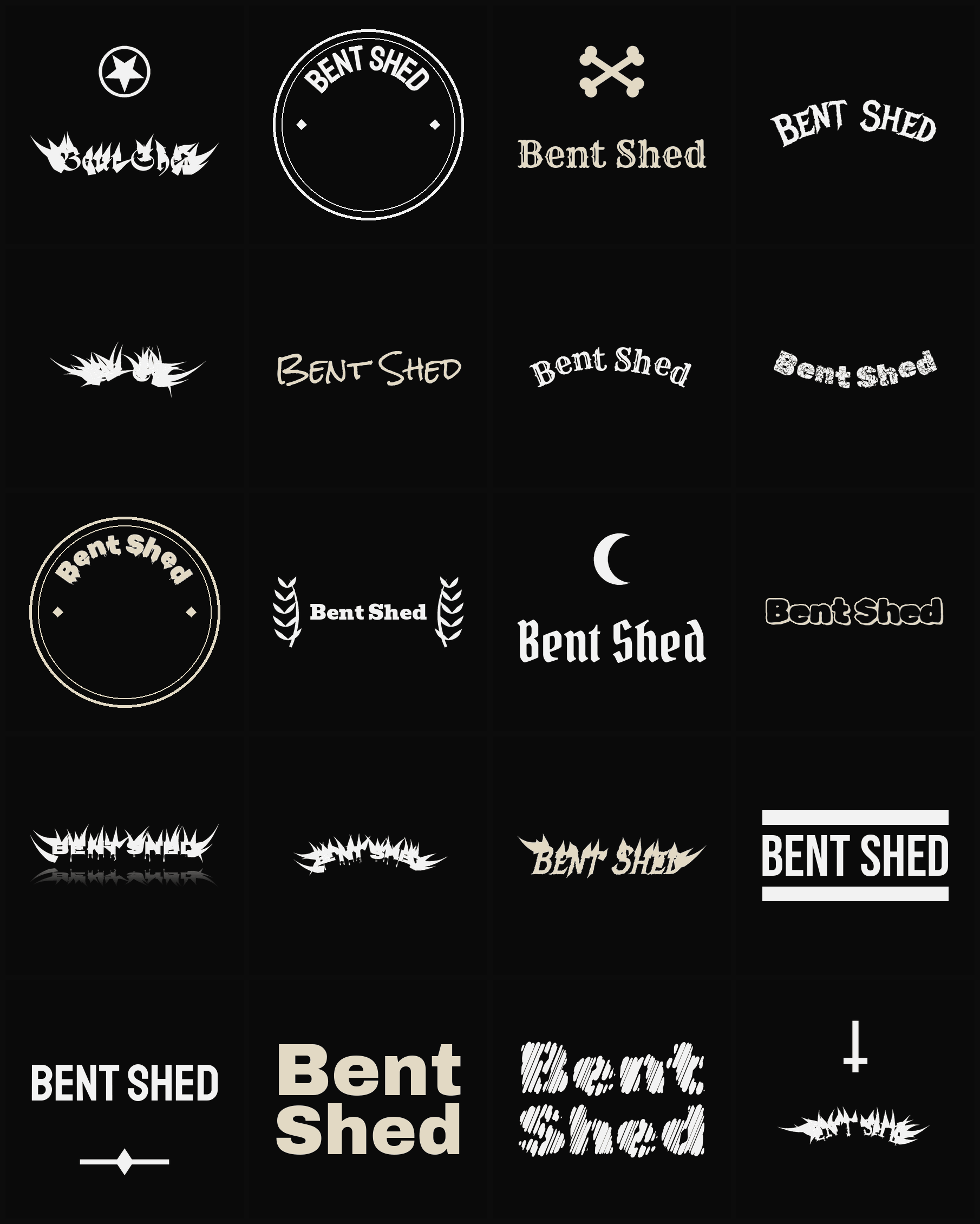 Twenty Bent Shed band logo ideas — different faces, treatments and spike settings