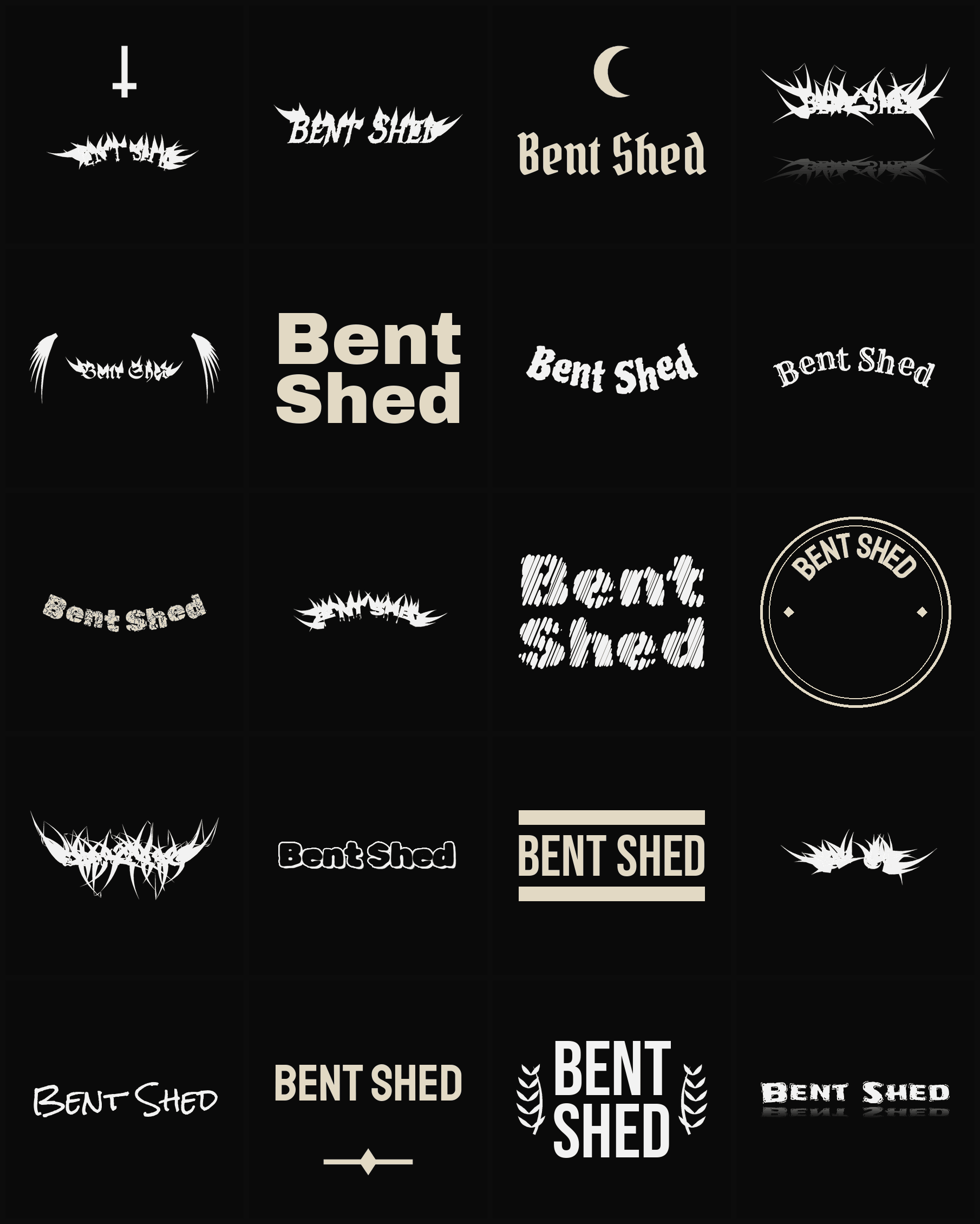 Twenty Bent Shed band logo ideas — different faces, treatments and spike settings
