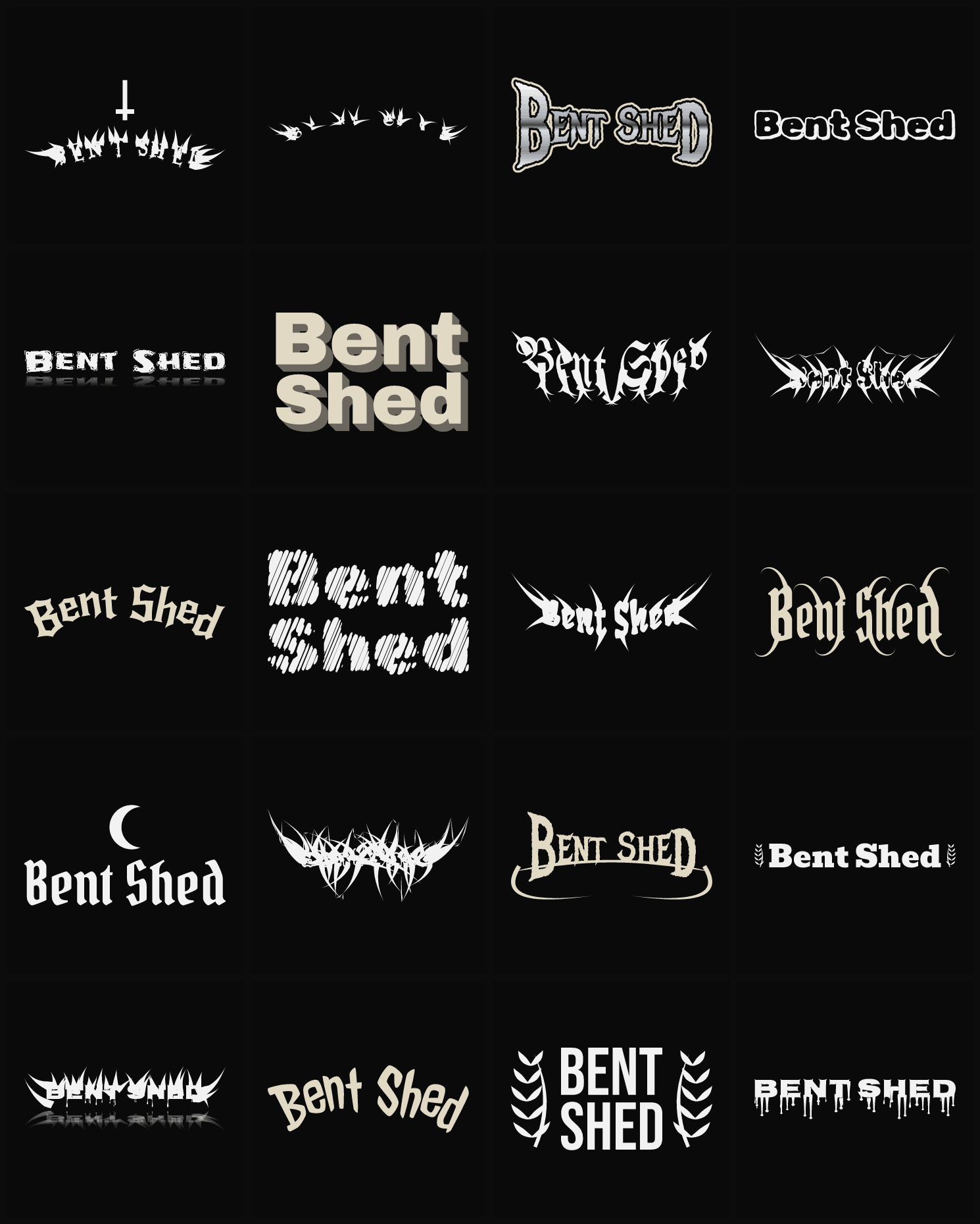 Twenty Bent Shed band logo ideas — different faces, treatments and spike settings