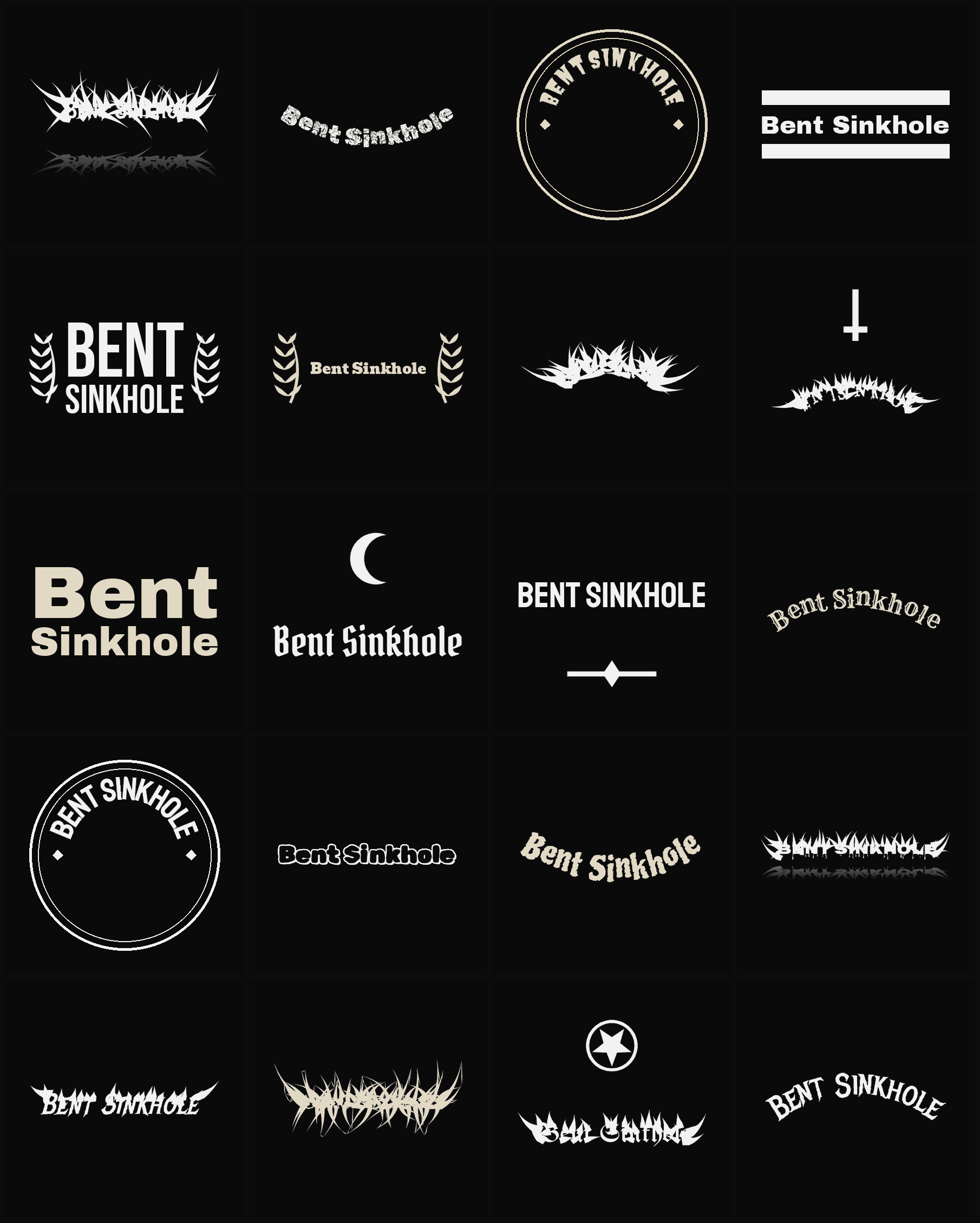 Twenty Bent Sinkhole band logo ideas — different faces, treatments and spike settings