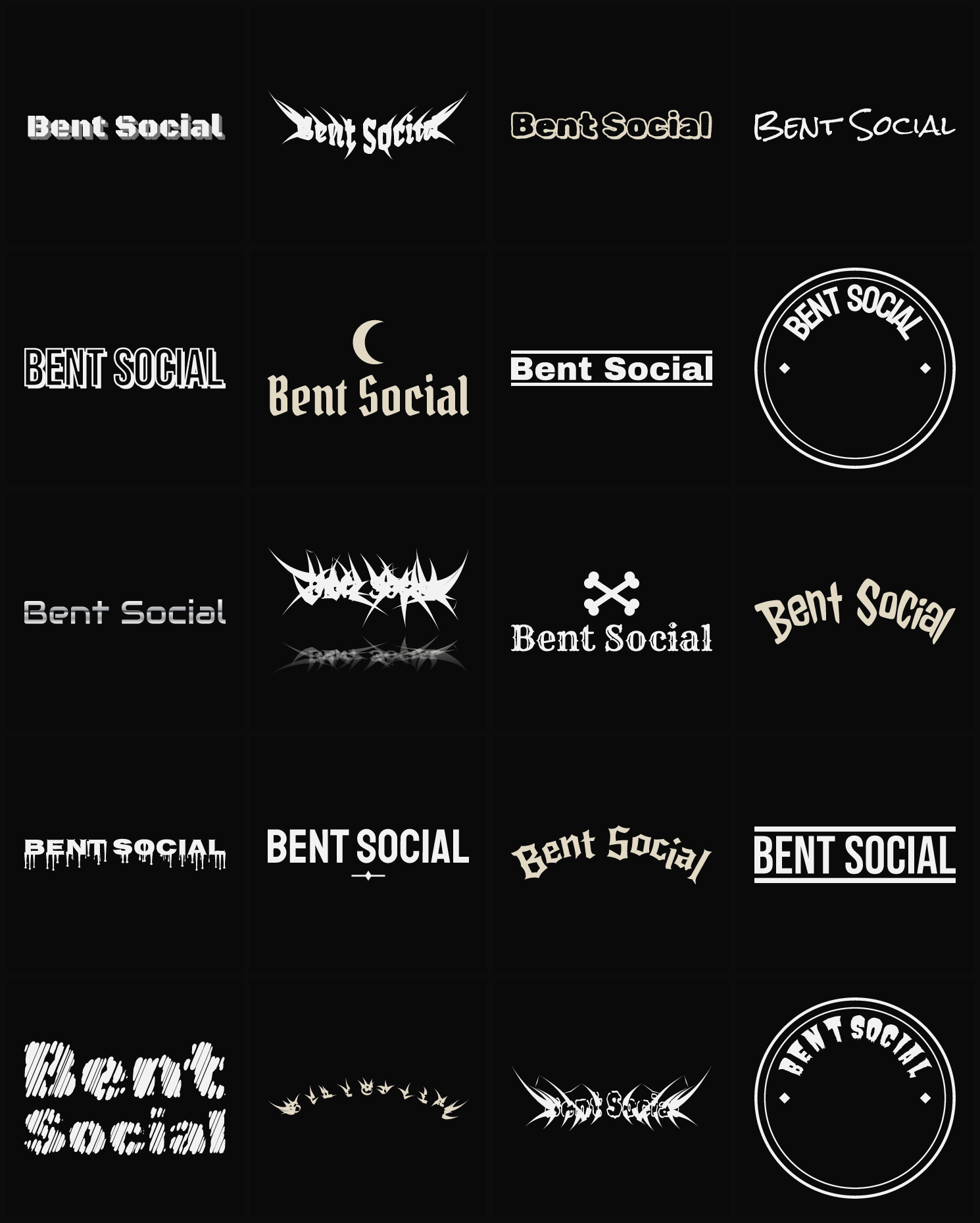 Twenty Bent Social band logo ideas — different faces, treatments and spike settings