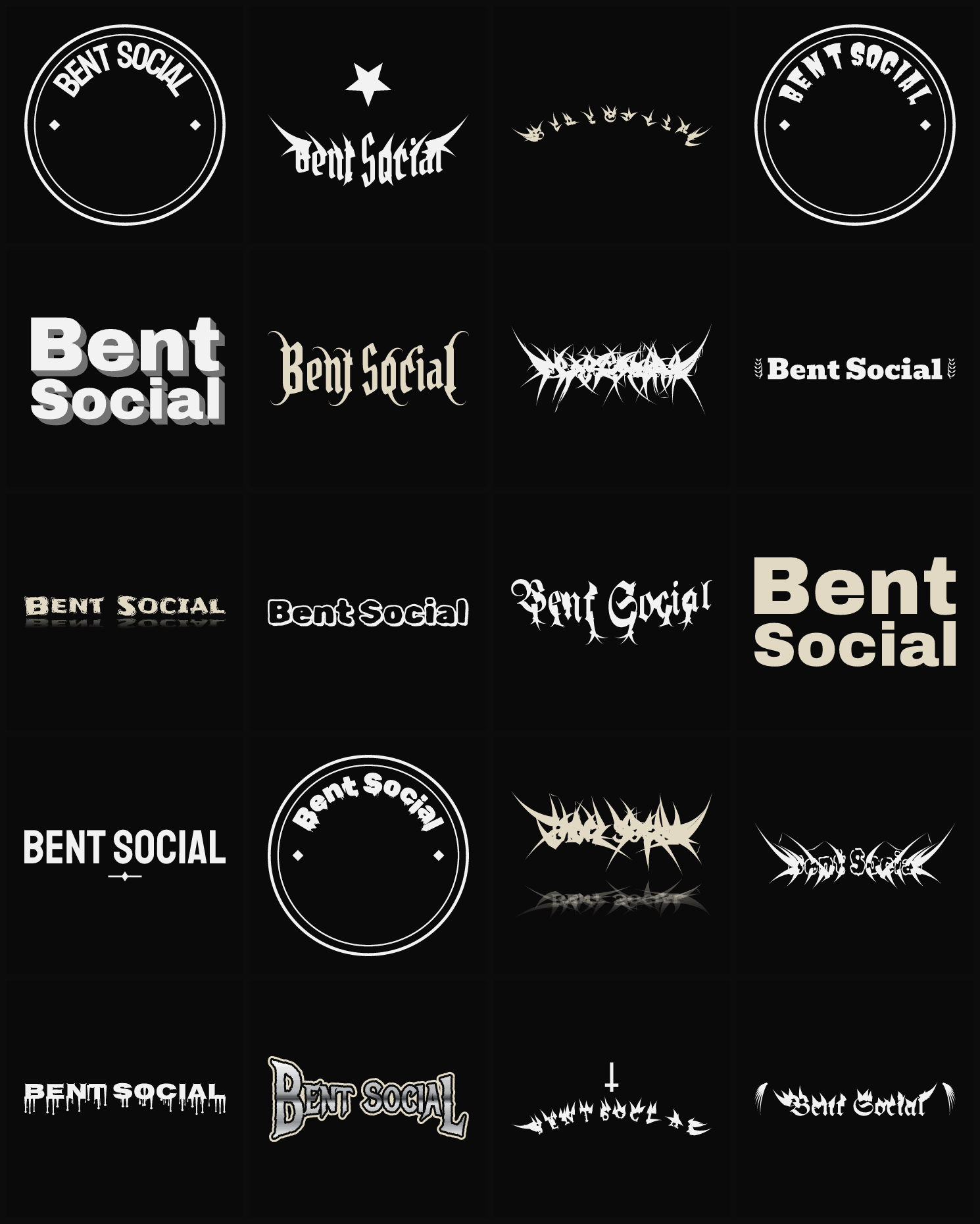 Twenty Bent Social band logo ideas — different faces, treatments and spike settings