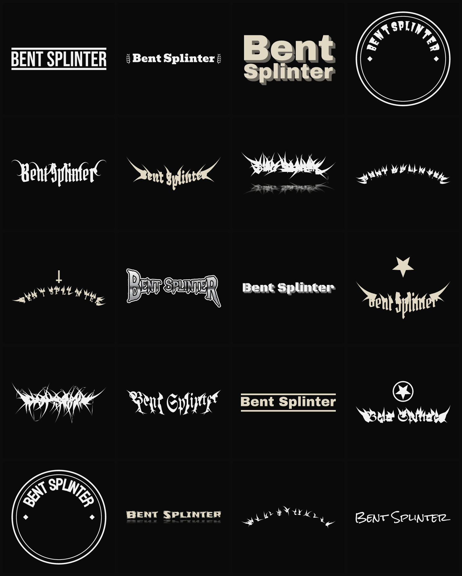 Twenty Bent Splinter band logo ideas — different faces, treatments and spike settings
