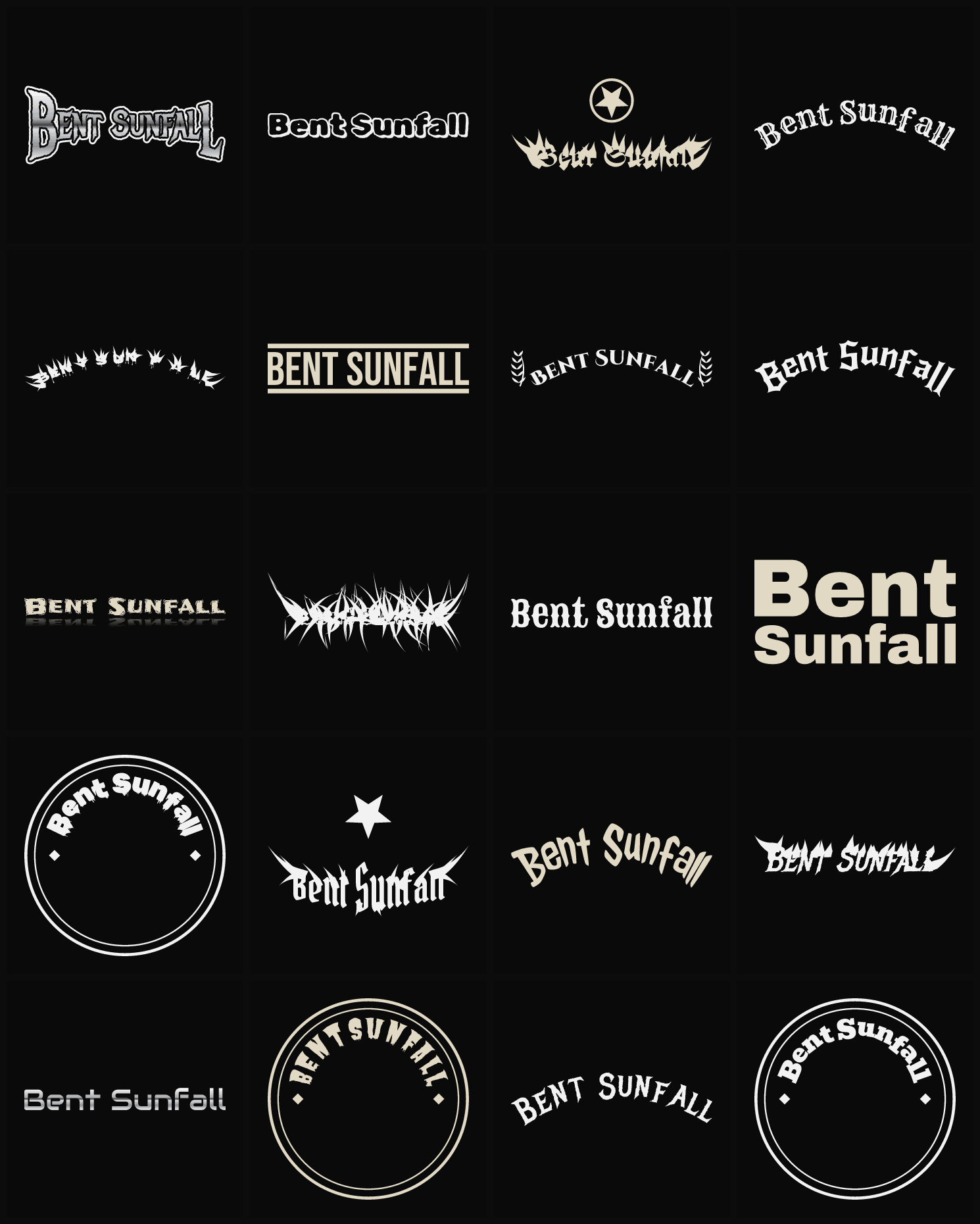 Twenty Bent Sunfall band logo ideas — different faces, treatments and spike settings