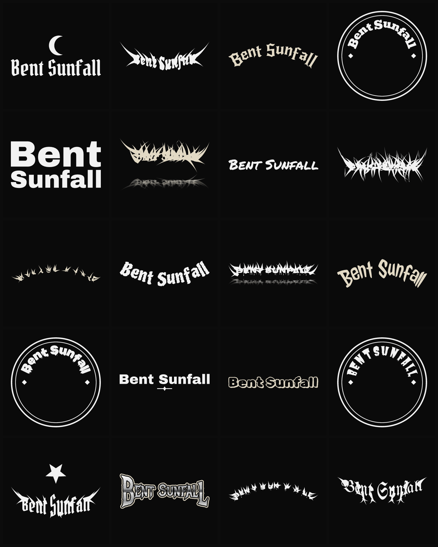 Twenty Bent Sunfall band logo ideas — different faces, treatments and spike settings