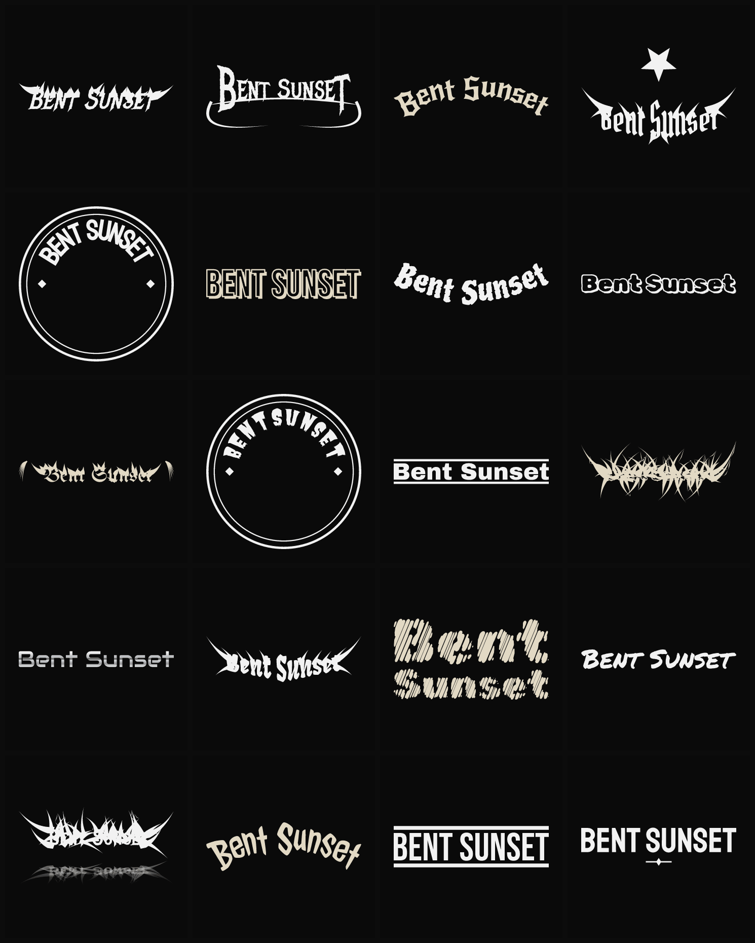 Twenty Bent Sunset band logo ideas — different faces, treatments and spike settings