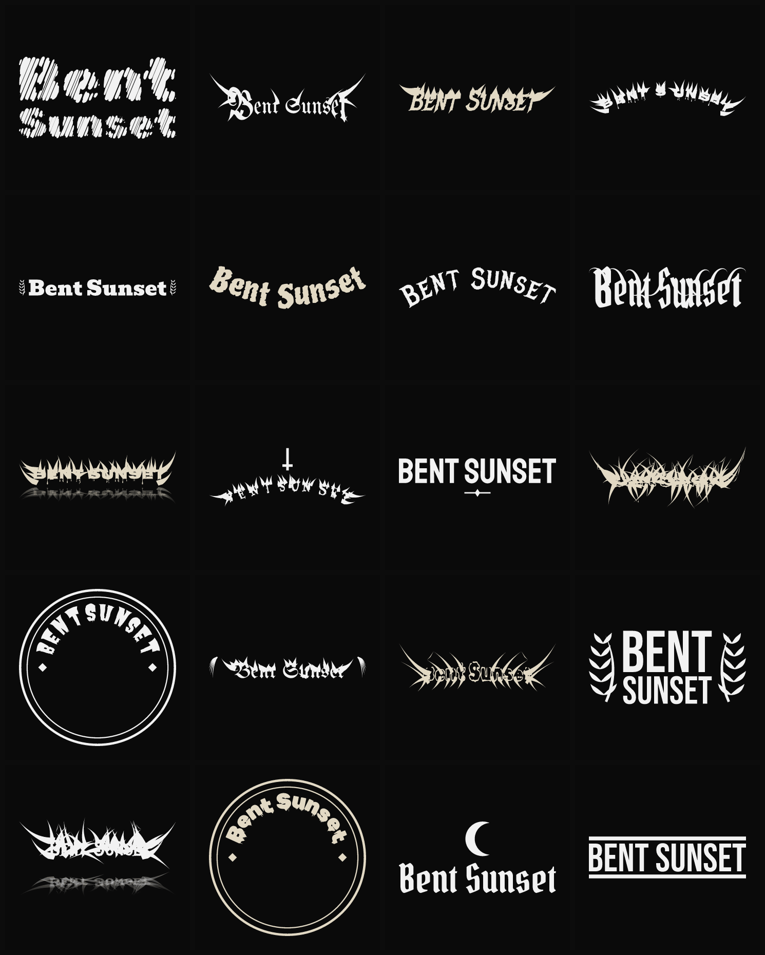 Twenty Bent Sunset band logo ideas — different faces, treatments and spike settings