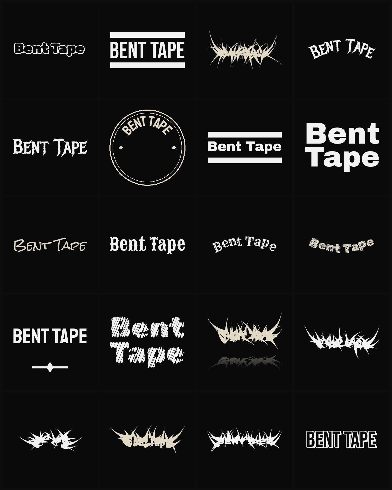 Twenty Bent Tape band logo ideas — different faces, treatments and spike settings