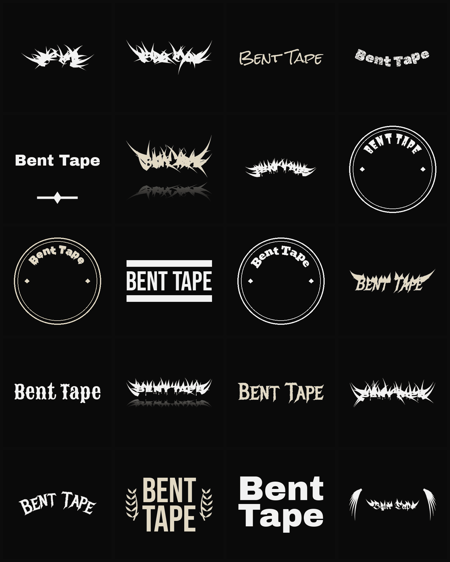 Twenty Bent Tape band logo ideas — different faces, treatments and spike settings