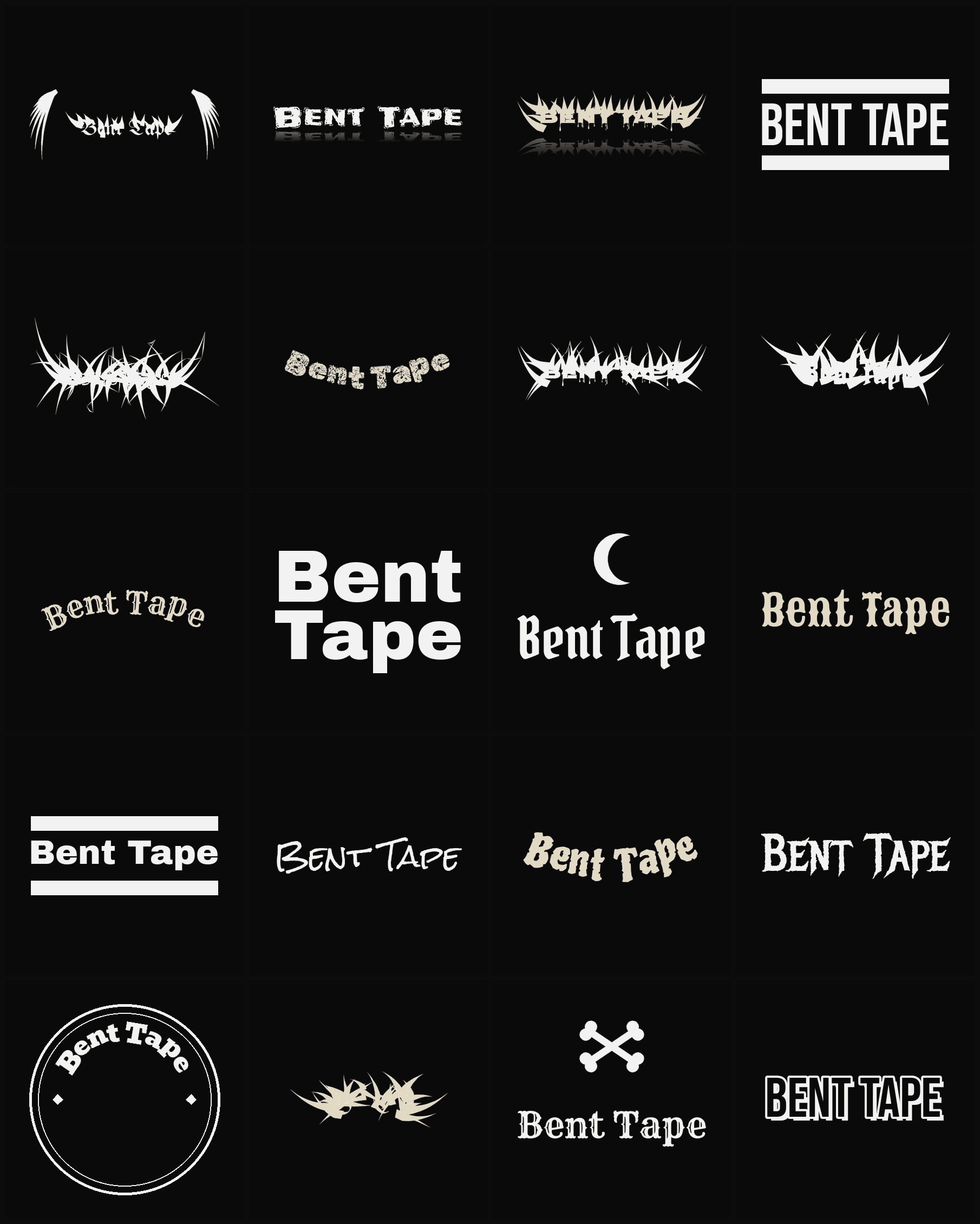 Twenty Bent Tape band logo ideas — different faces, treatments and spike settings