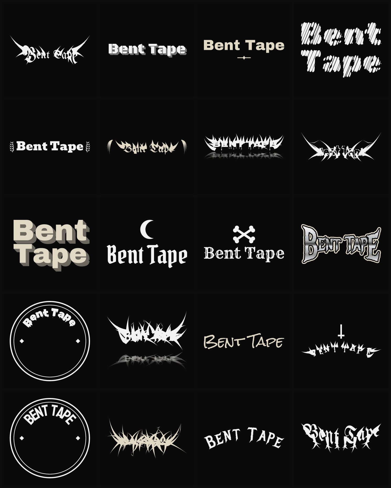 Twenty Bent Tape band logo ideas — different faces, treatments and spike settings