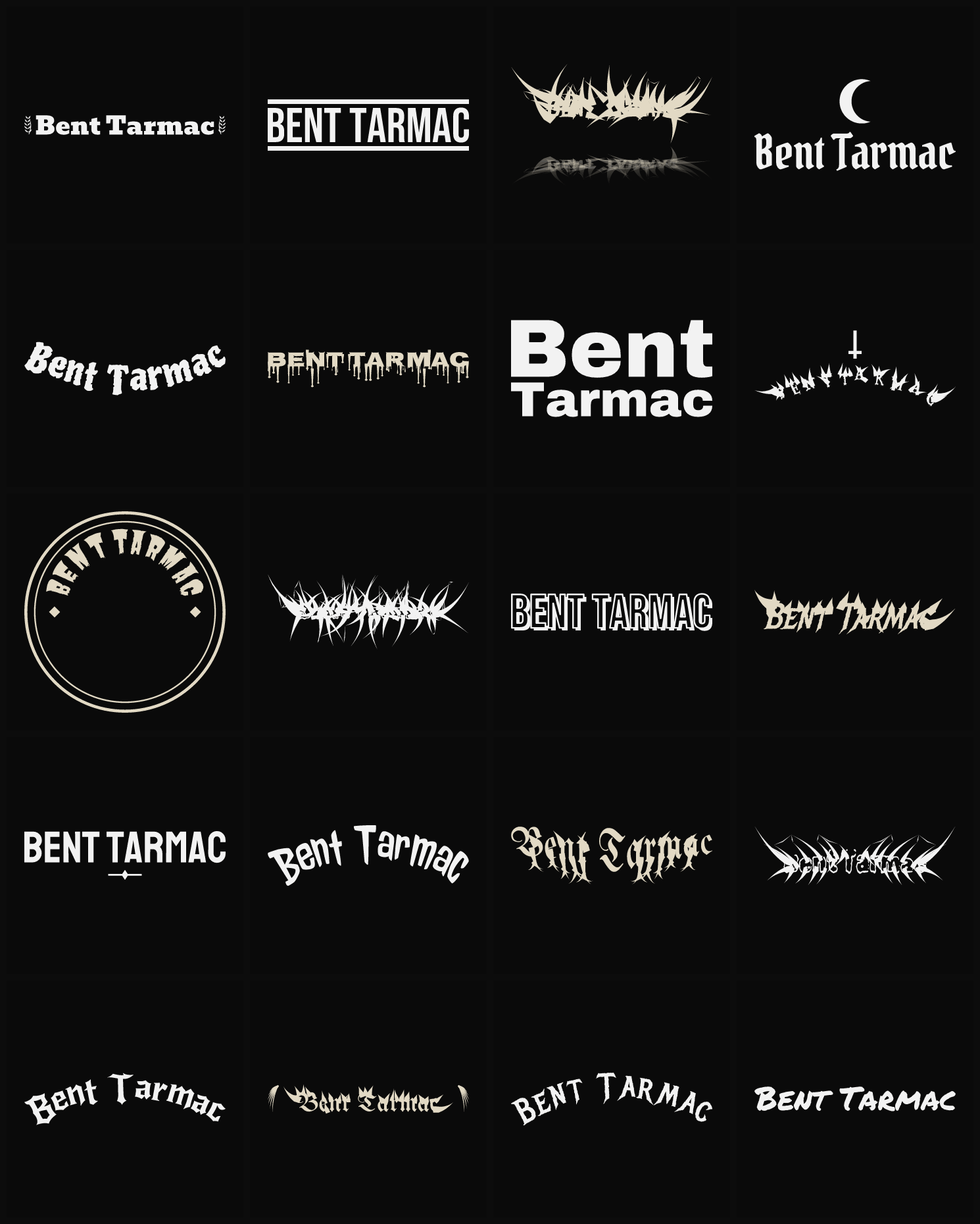 Twenty Bent Tarmac band logo ideas — different faces, treatments and spike settings