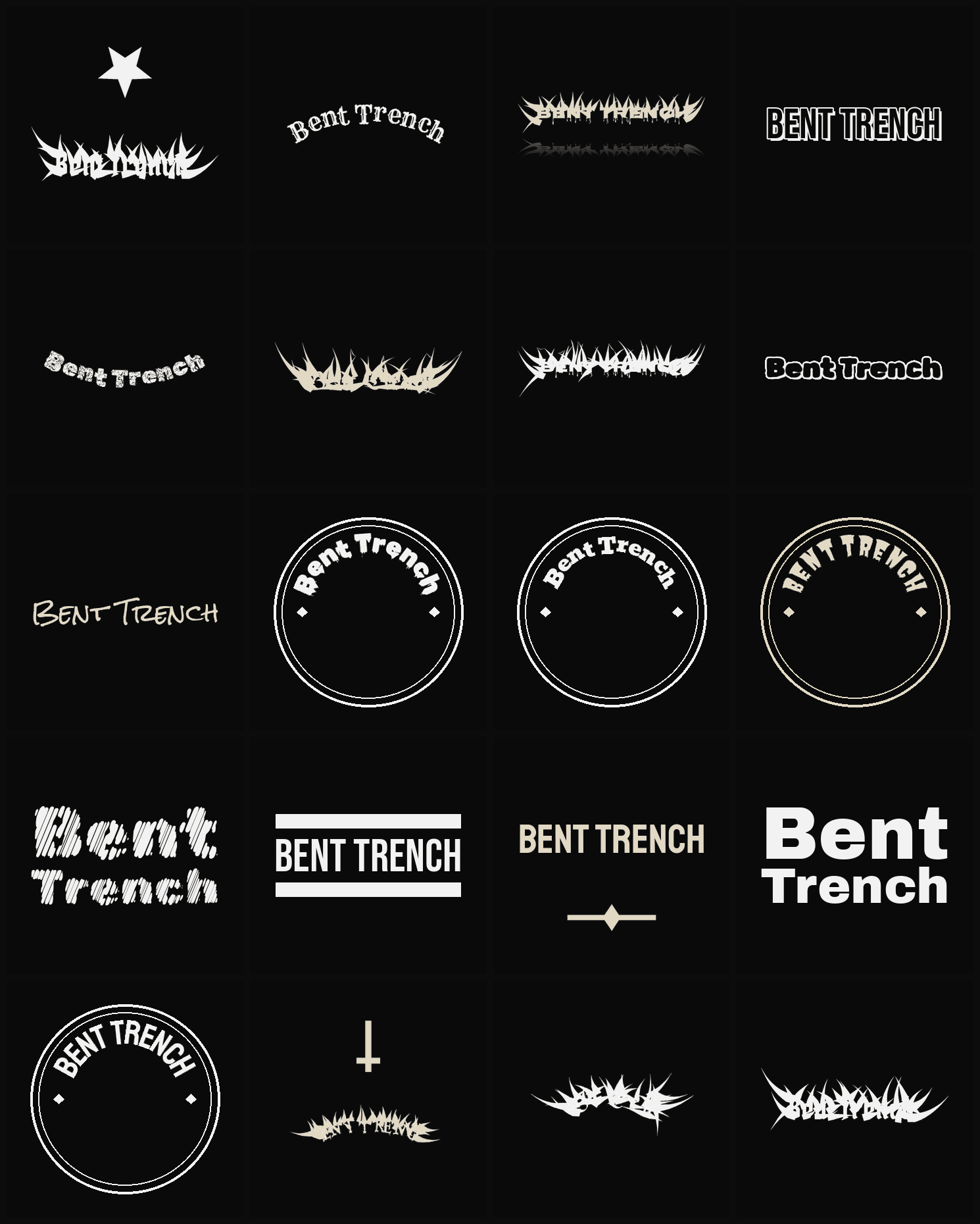 Twenty Bent Trench band logo ideas — different faces, treatments and spike settings