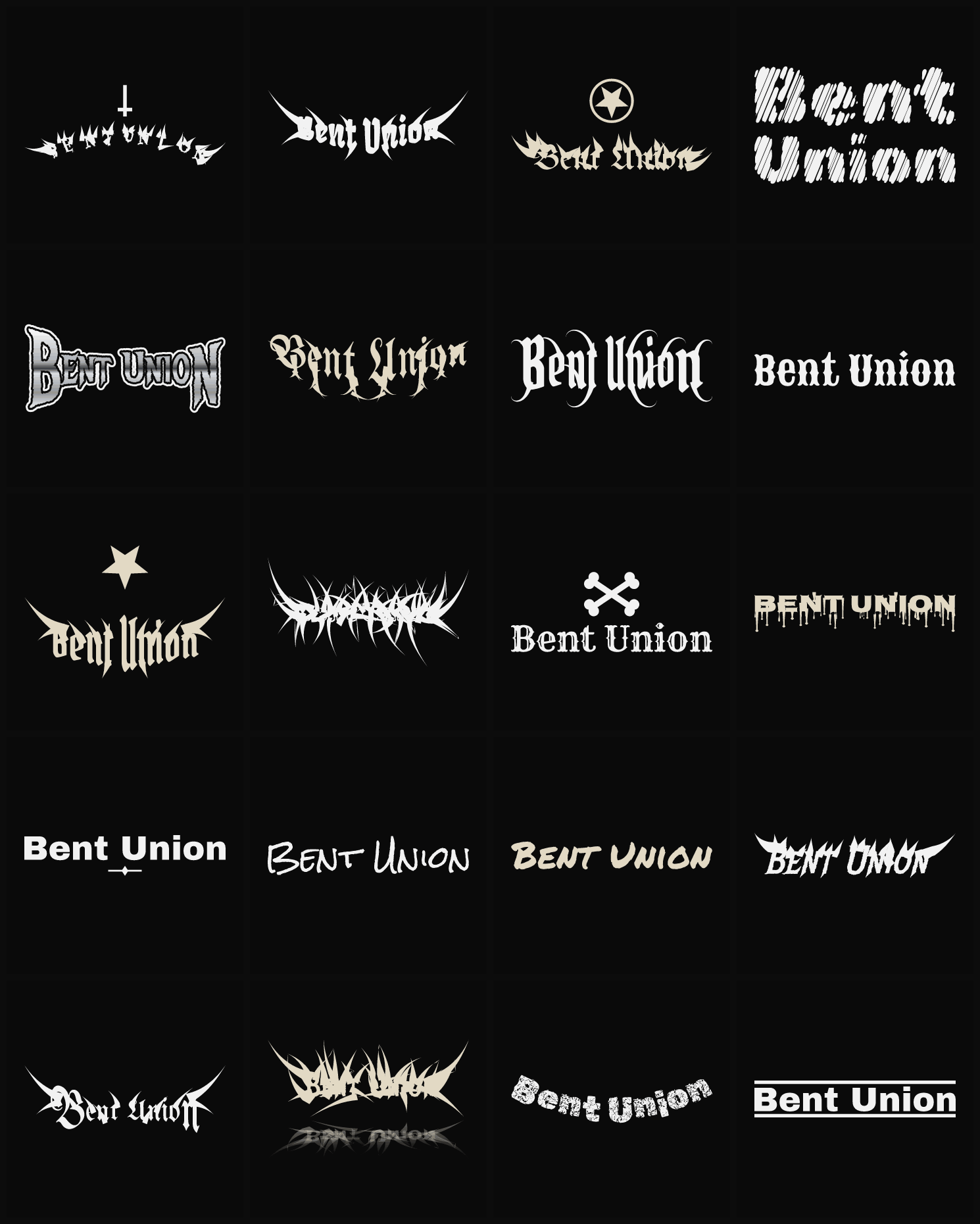 Twenty Bent Union band logo ideas — different faces, treatments and spike settings