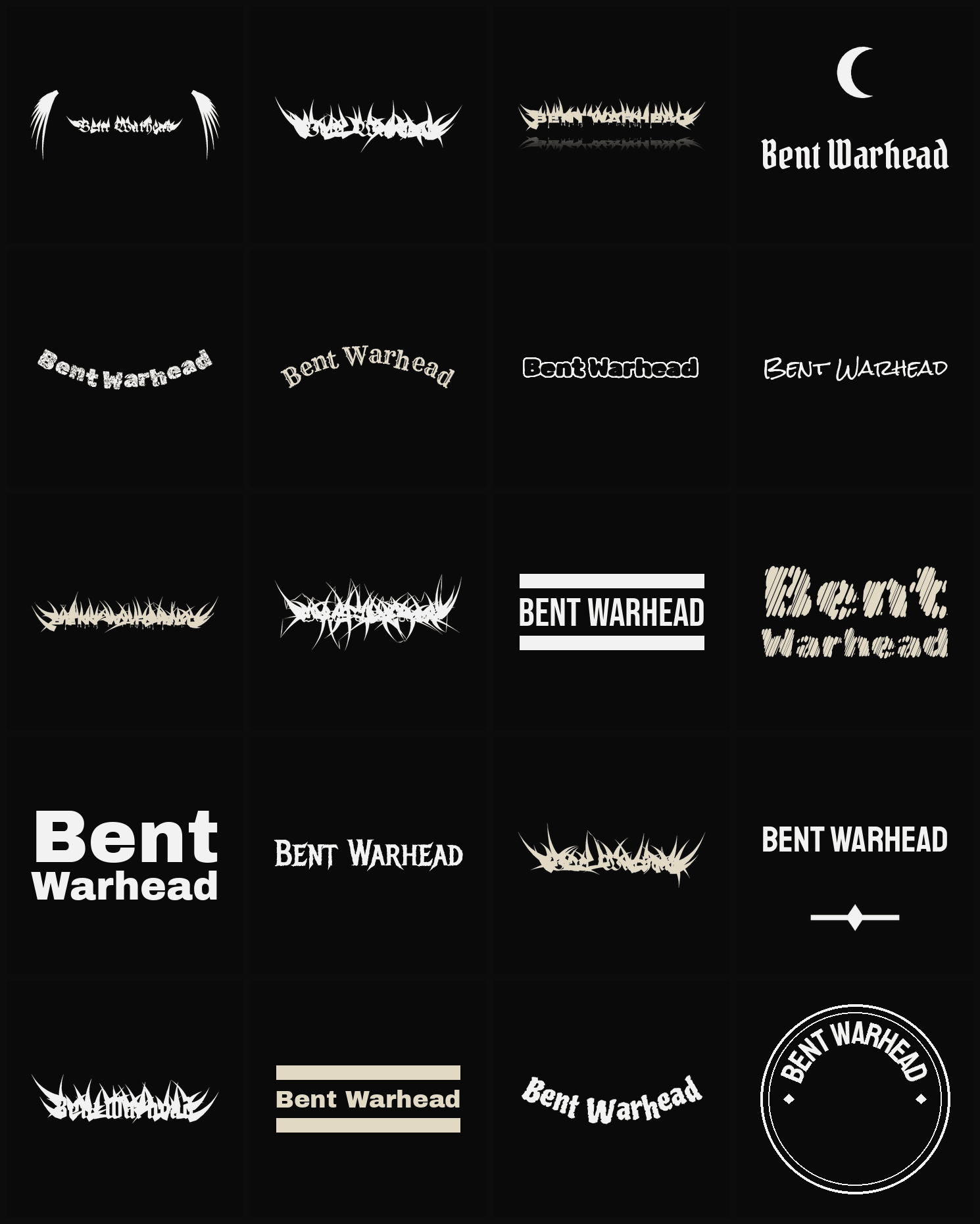 Twenty Bent Warhead band logo ideas — different faces, treatments and spike settings