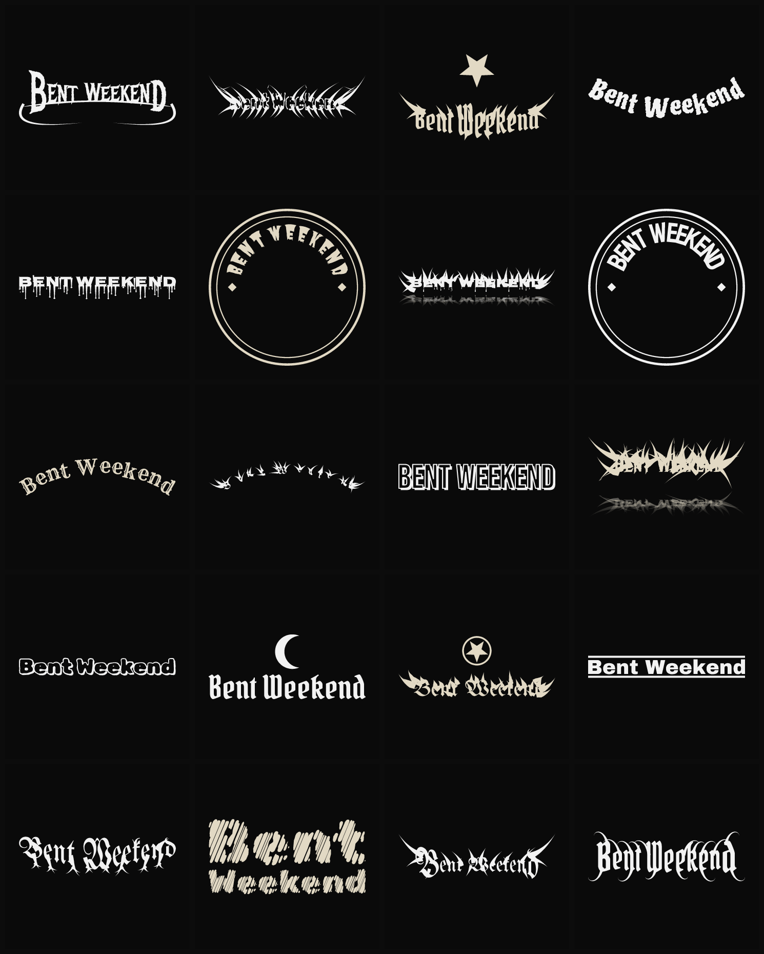 Twenty Bent Weekend band logo ideas — different faces, treatments and spike settings