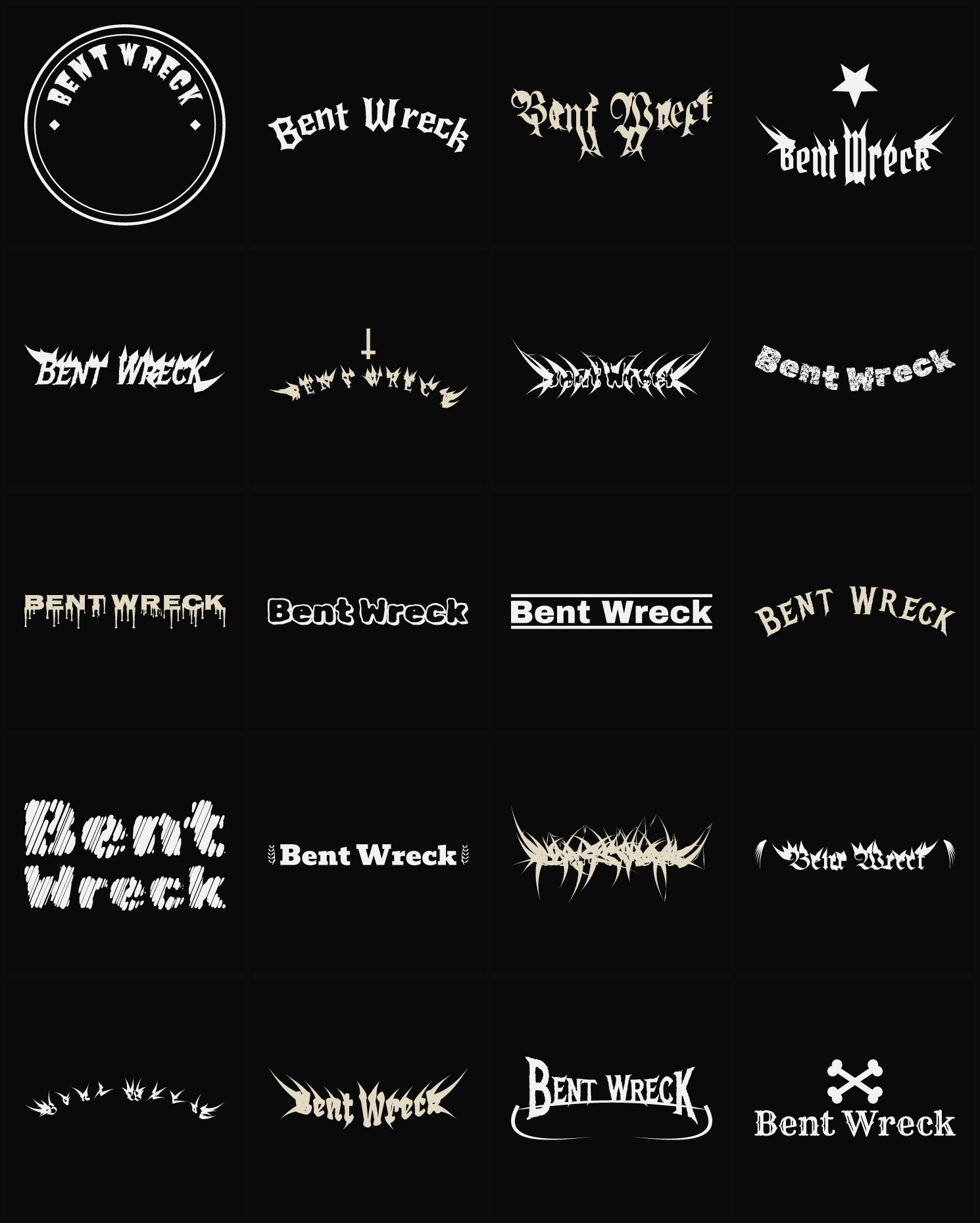 Twenty Bent Wreck band logo ideas — different faces, treatments and spike settings