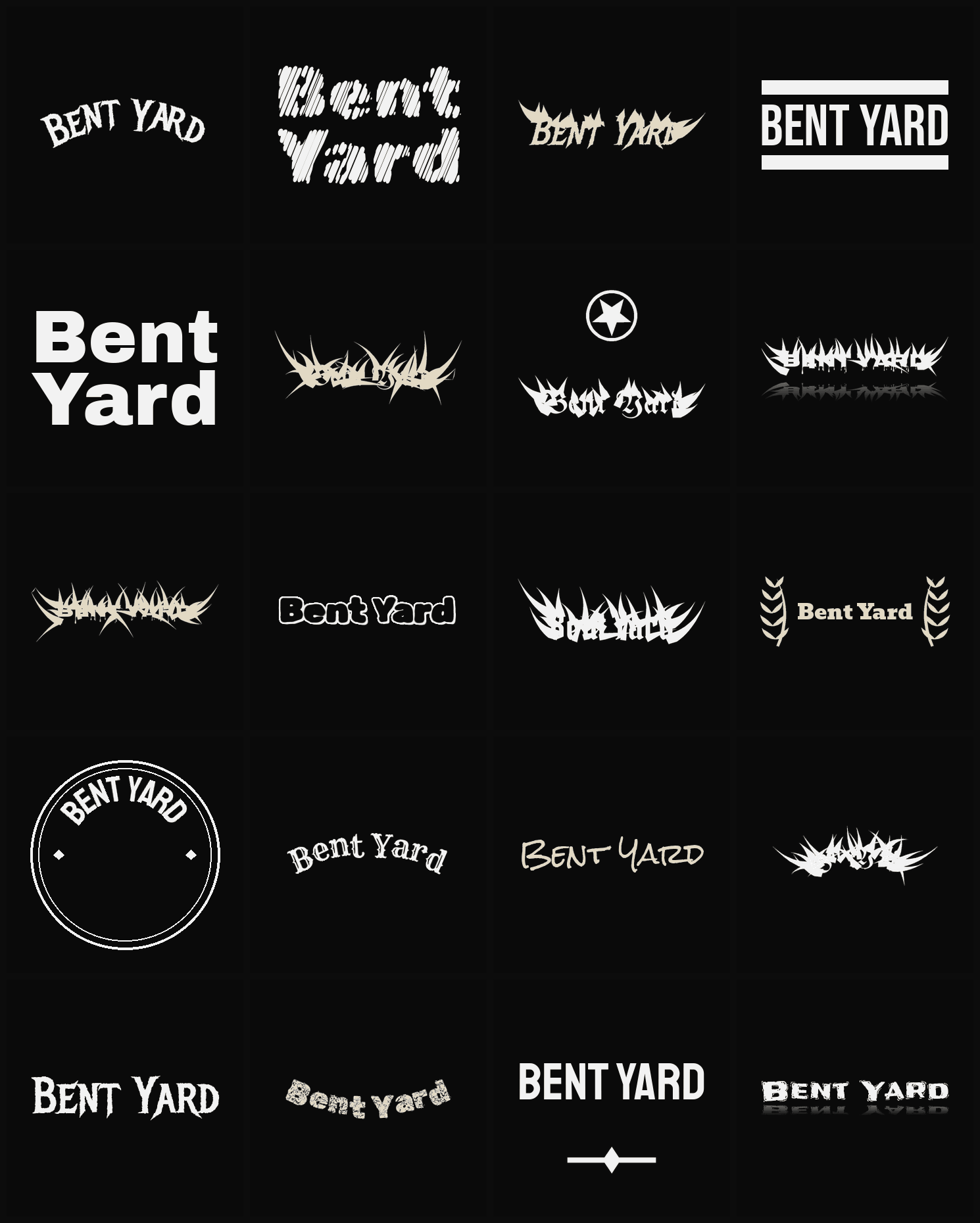Twenty Bent Yard band logo ideas — different faces, treatments and spike settings